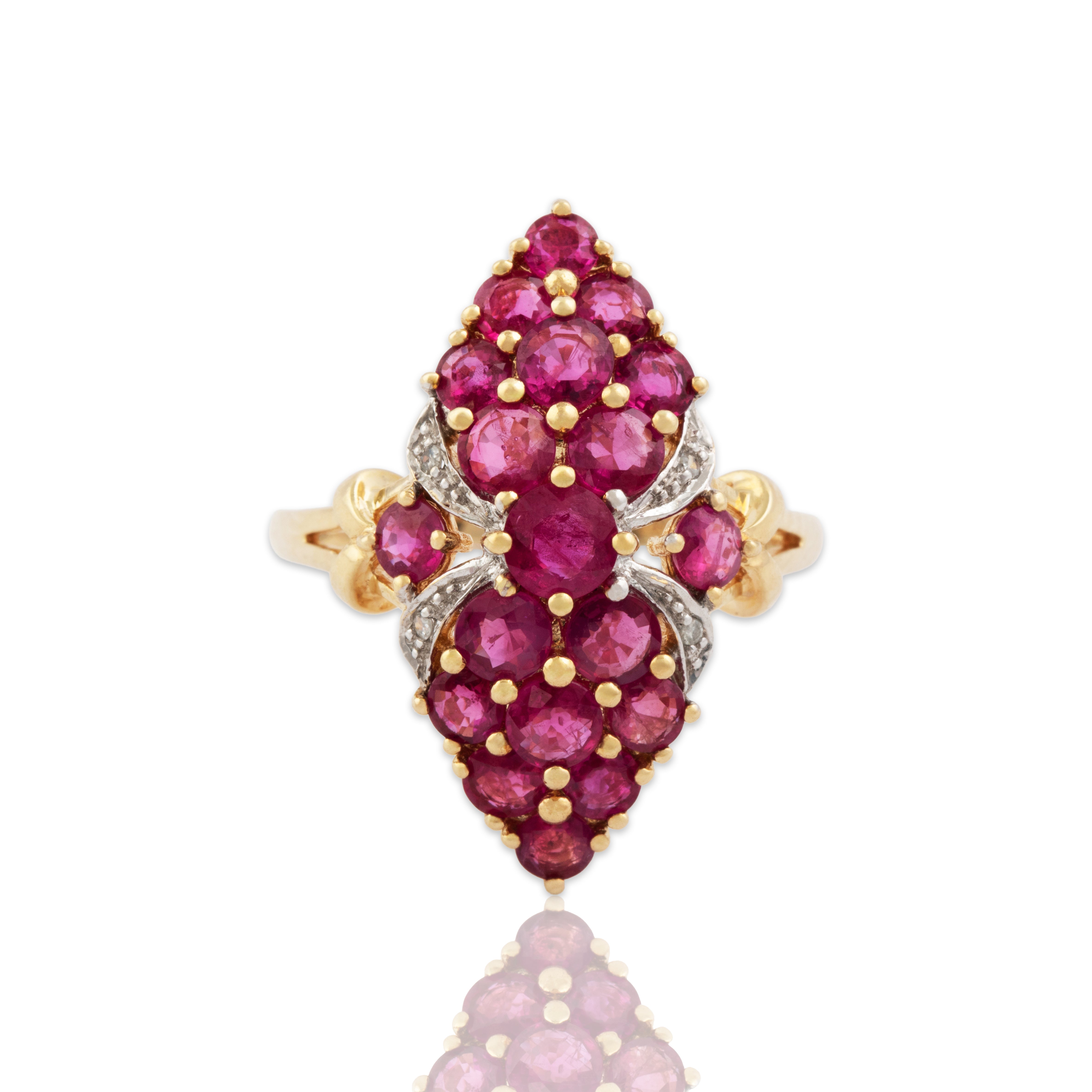 Vintage 10k Yellow Gold 2cttw Ruby Diamond Navette Statement Ring - Close-up view