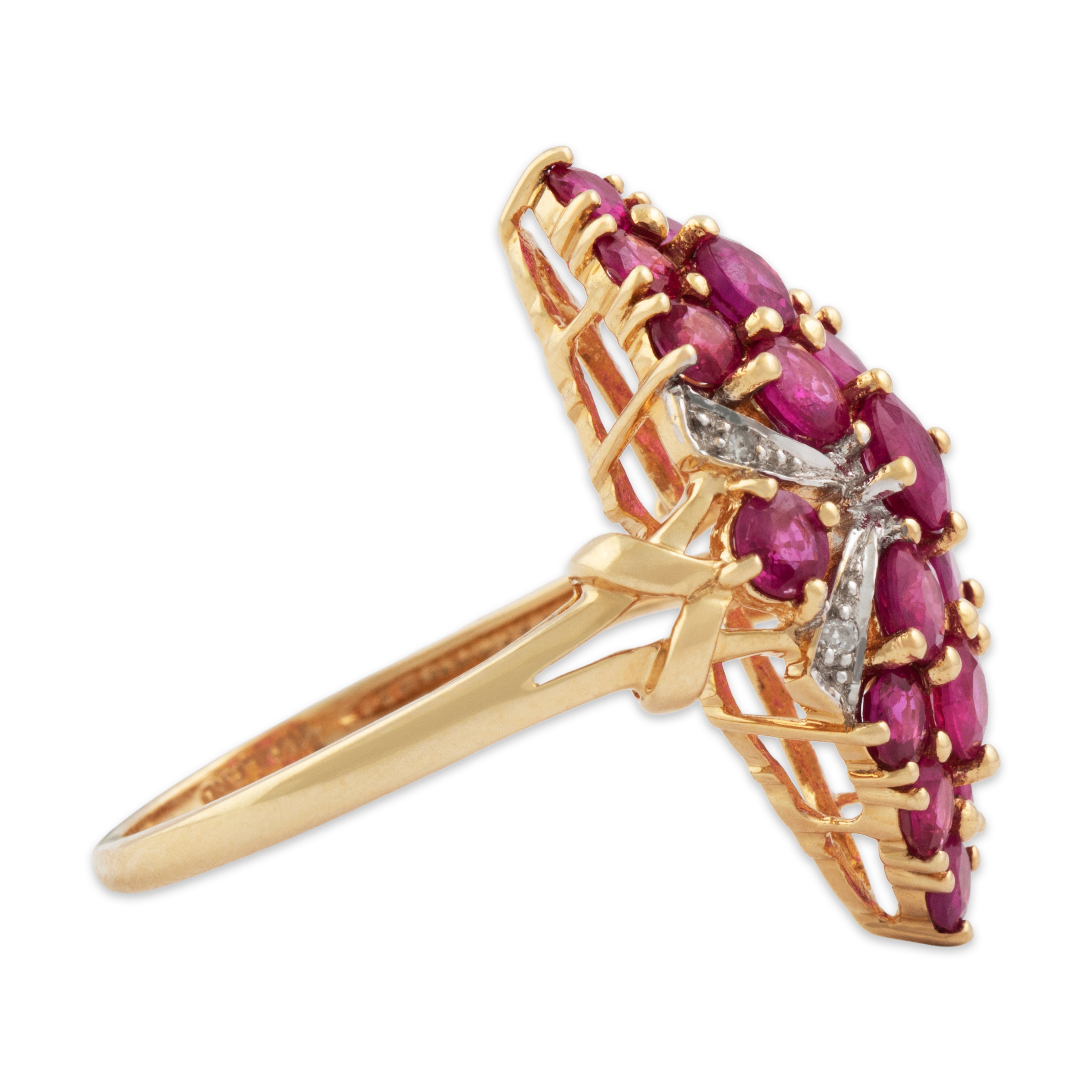 Vintage 10k Yellow Gold 2cttw Ruby Diamond Navette Statement Ring - Side view