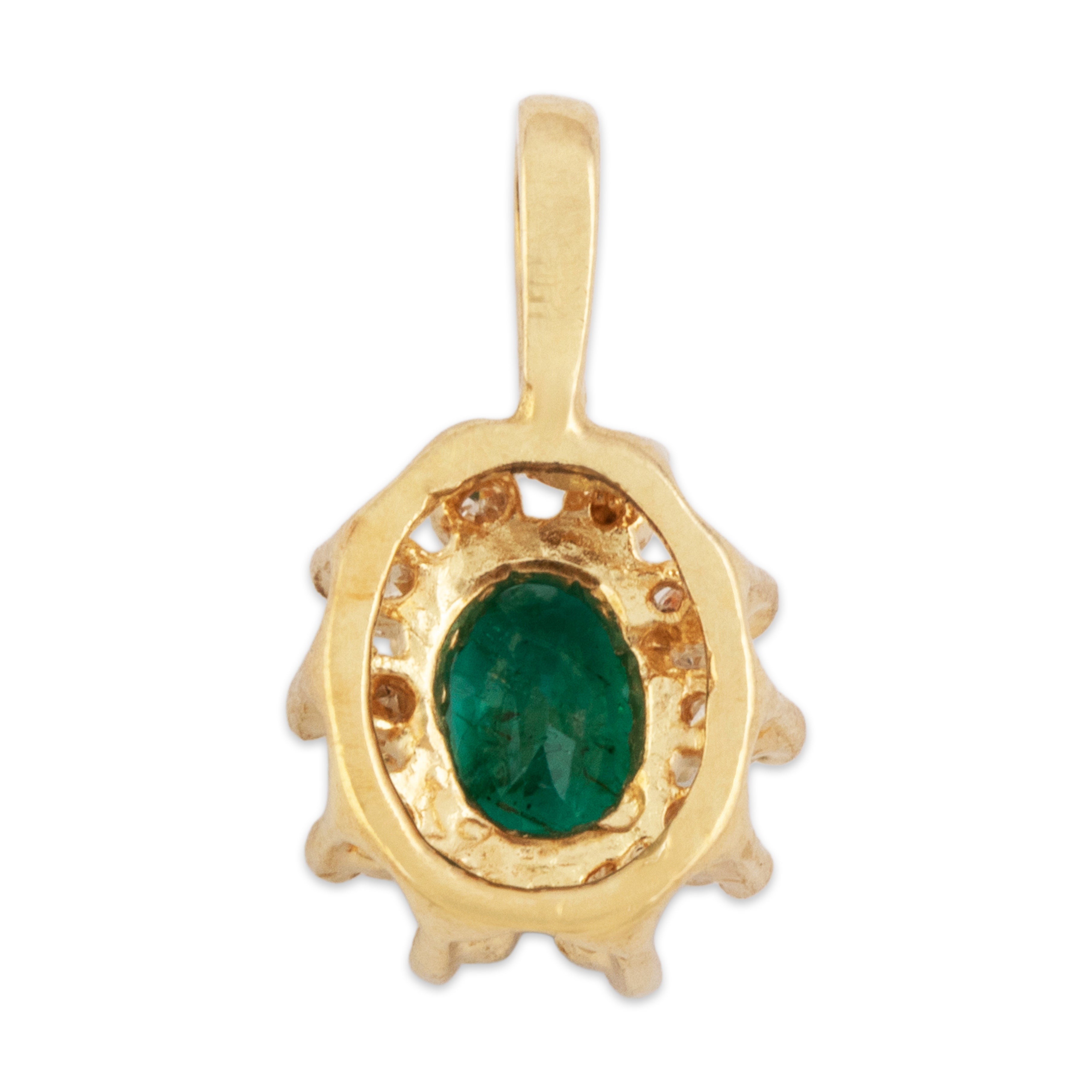 Vintage Small 14k Yellow Gold Emerald Diamond Pretty Oval Halo Pendant - Back view