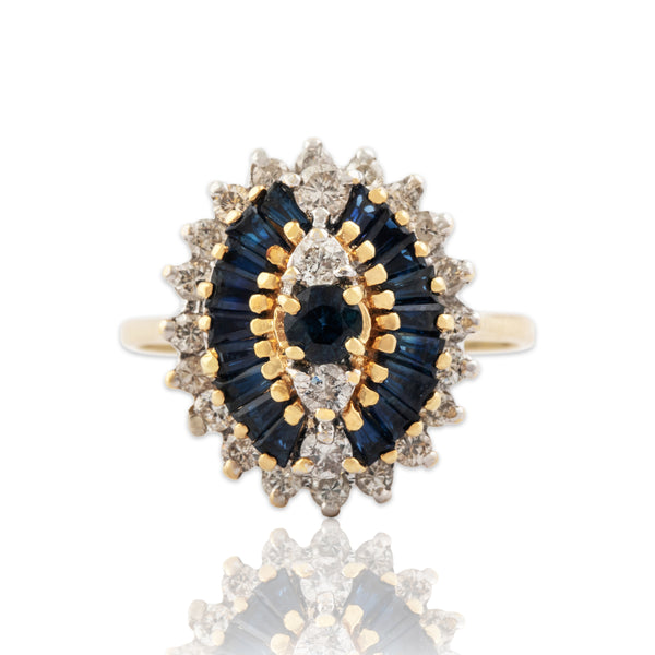 Vintage 14k Yellow Gold .7cttw Blue Sapphire Diamond Mixed-Cut Fanning Ring