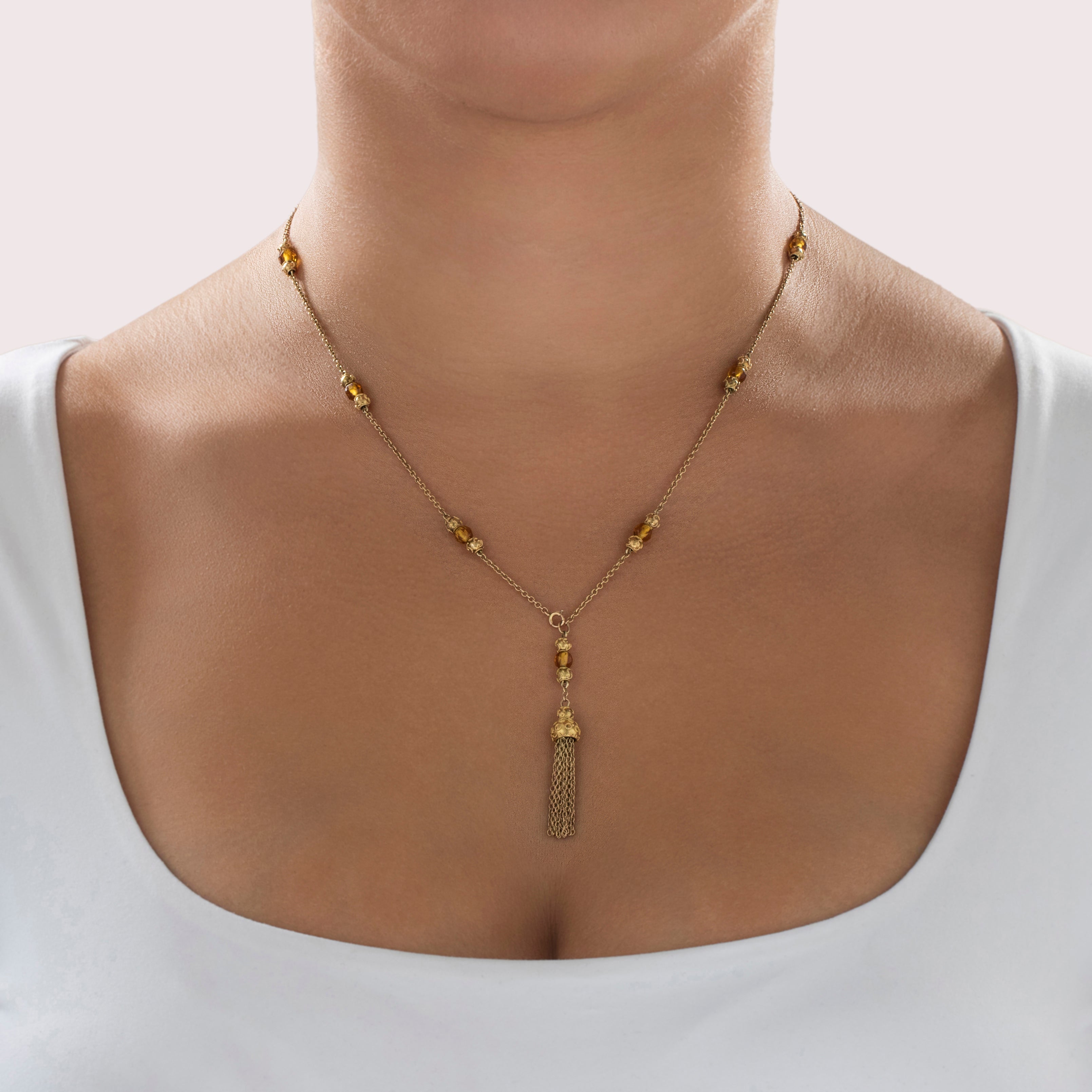 Antique 10k Yellow Gold Amber Glass Detailed Fringe Bead Station Necklace - On model view