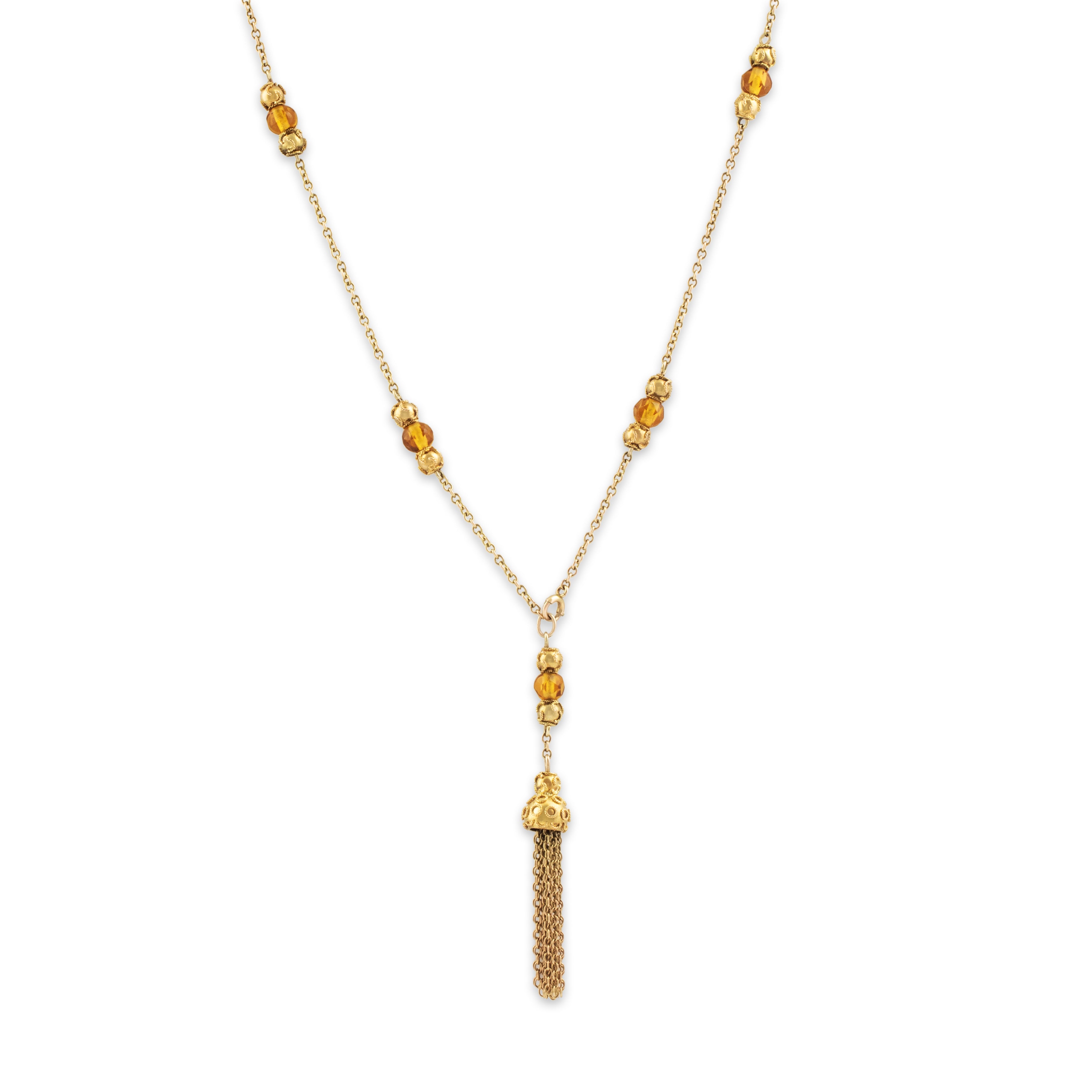 Antique 10k Yellow Gold Amber Glass Detailed Fringe Bead Station Necklace - Close-up view