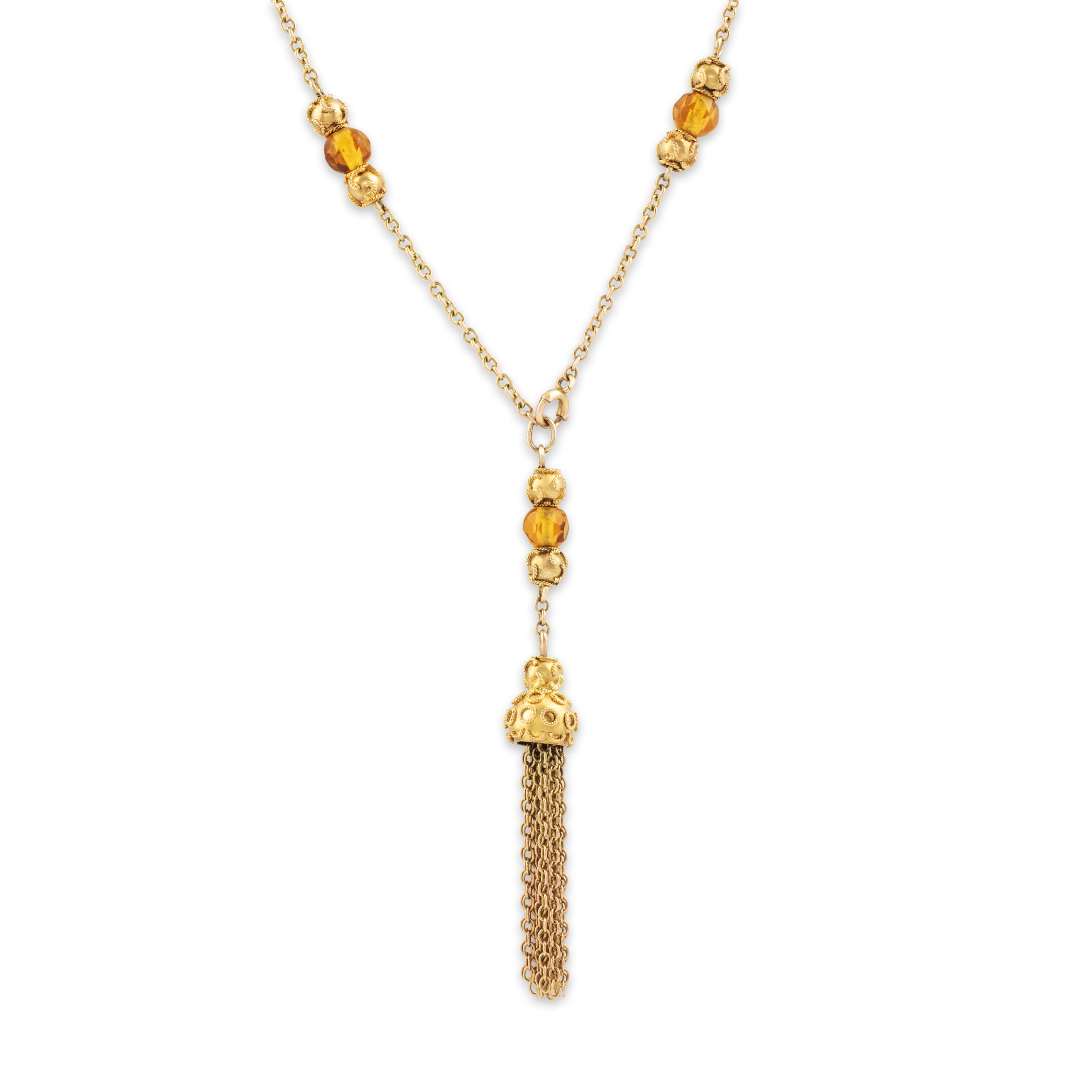 Antique 10k Yellow Gold Amber Glass Detailed Fringe Bead Station Necklace - detail view #1