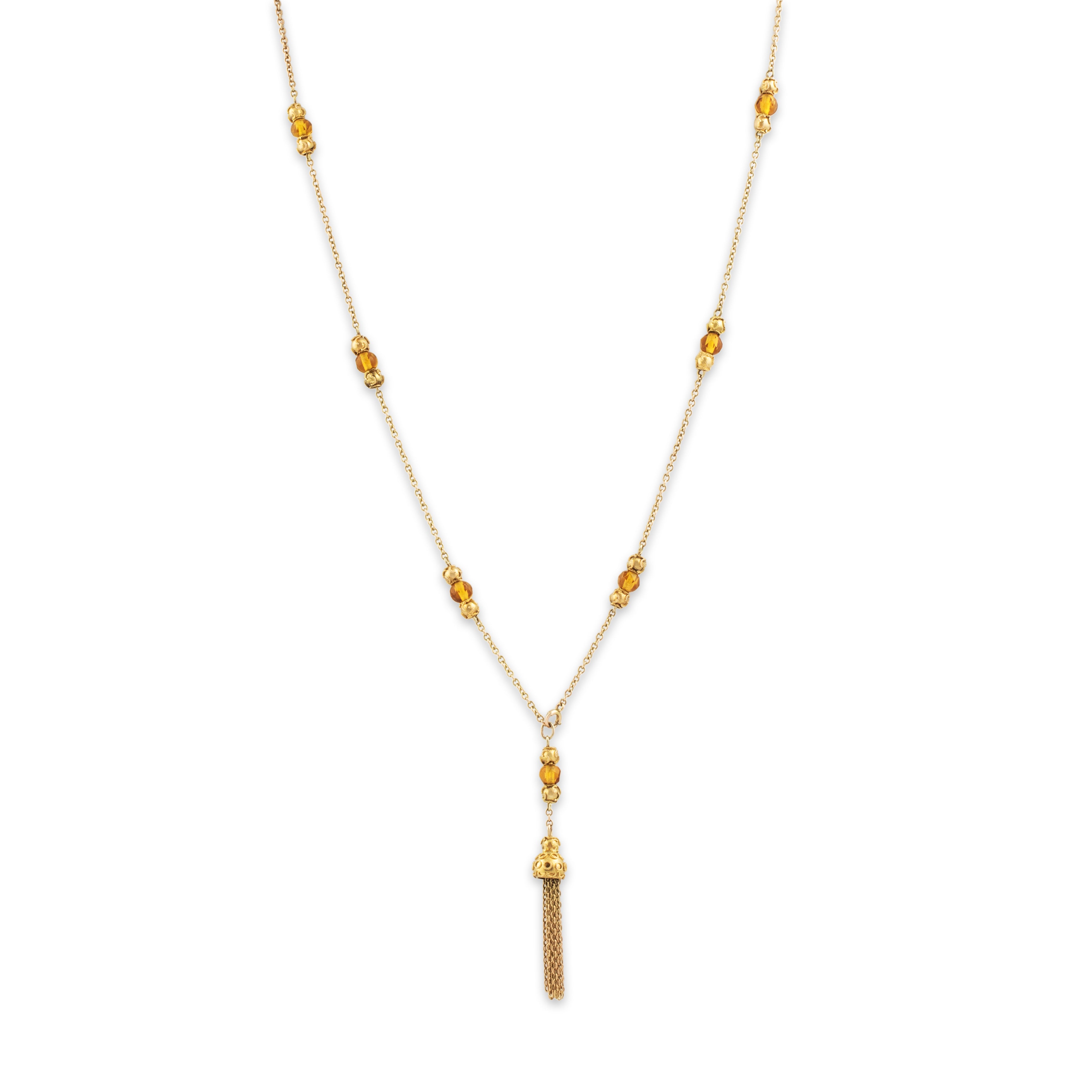 Antique 10k Yellow Gold Amber Glass Detailed Fringe Bead Station Necklace - detail view #2