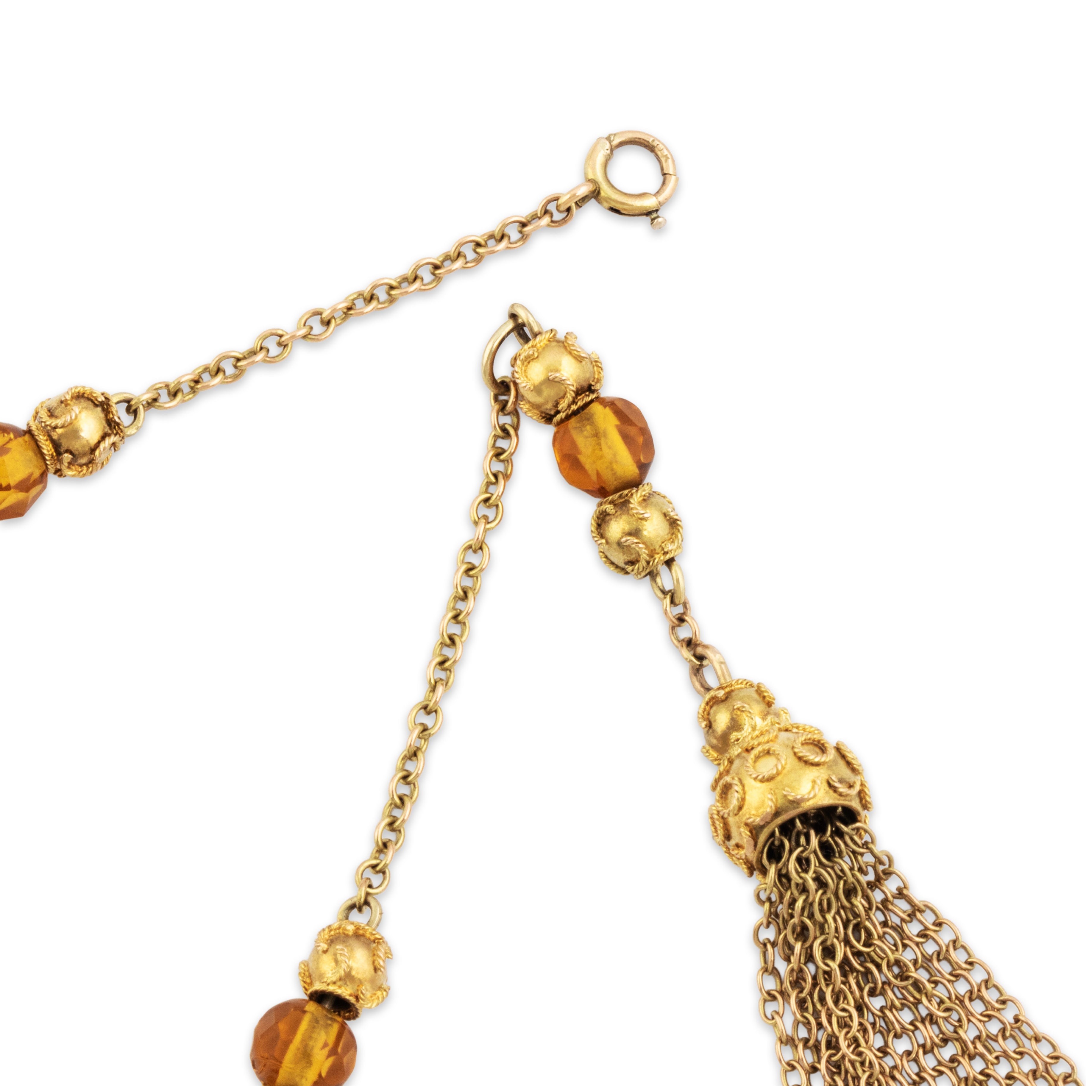 Antique 10k Yellow Gold Amber Glass Detailed Fringe Bead Station Necklace - clasp view