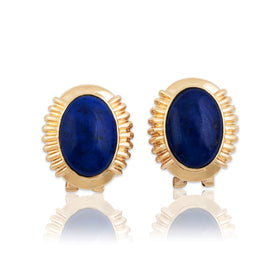Vintage 14k Yellow Gold 6.5cttw Lapis Lazuli Ribbed Border Statement Earrings