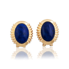 Vintage 14k Yellow Gold 6.5cttw Lapis Lazuli Ribbed Border Statement Earrings