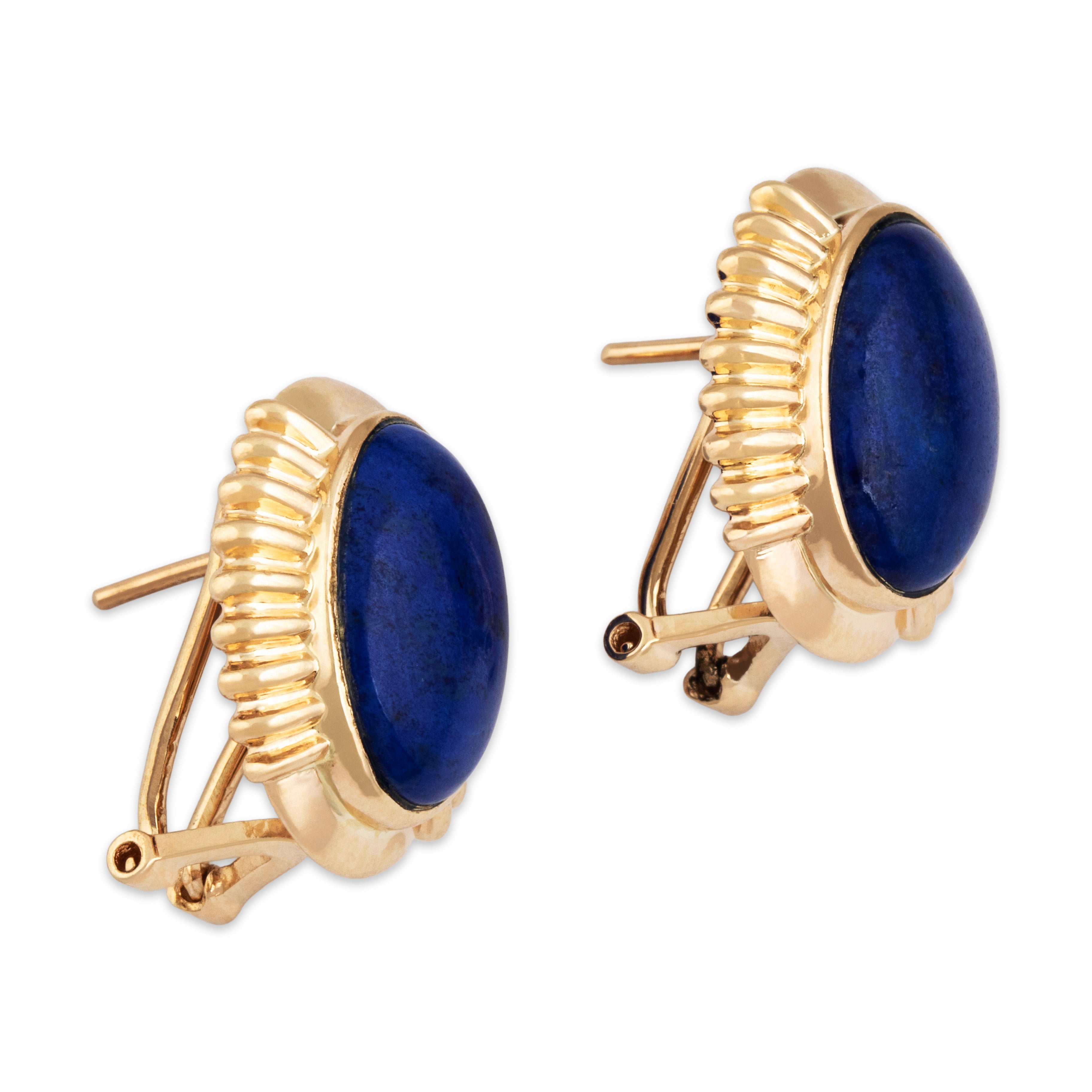 Vintage 14k Yellow Gold 6.5cttw Lapis Lazuli Ribbed Border Omega Earrings - Side view