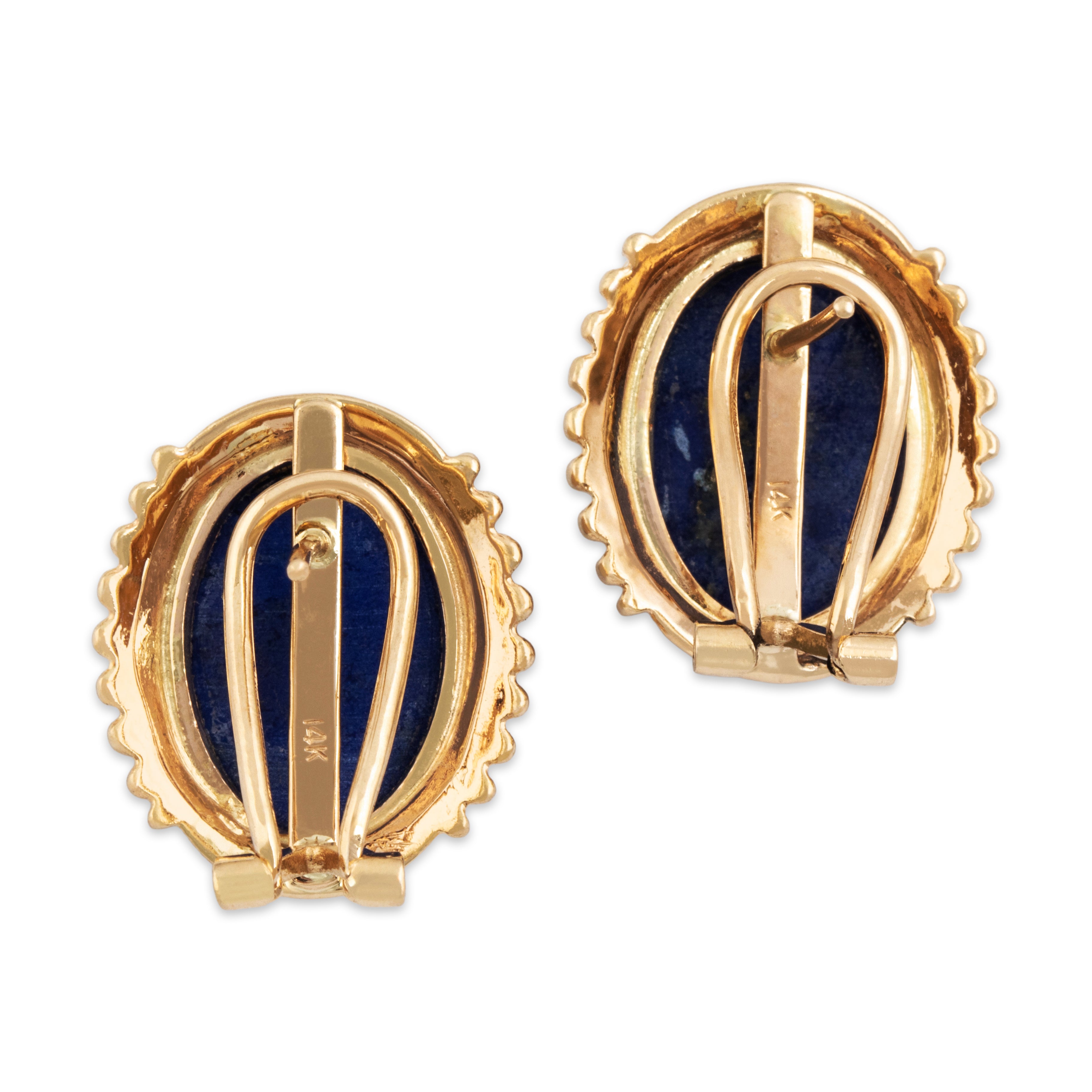 Vintage 14k Yellow Gold 6.5cttw Lapis Lazuli Ribbed Border Omega Earrings - Back view