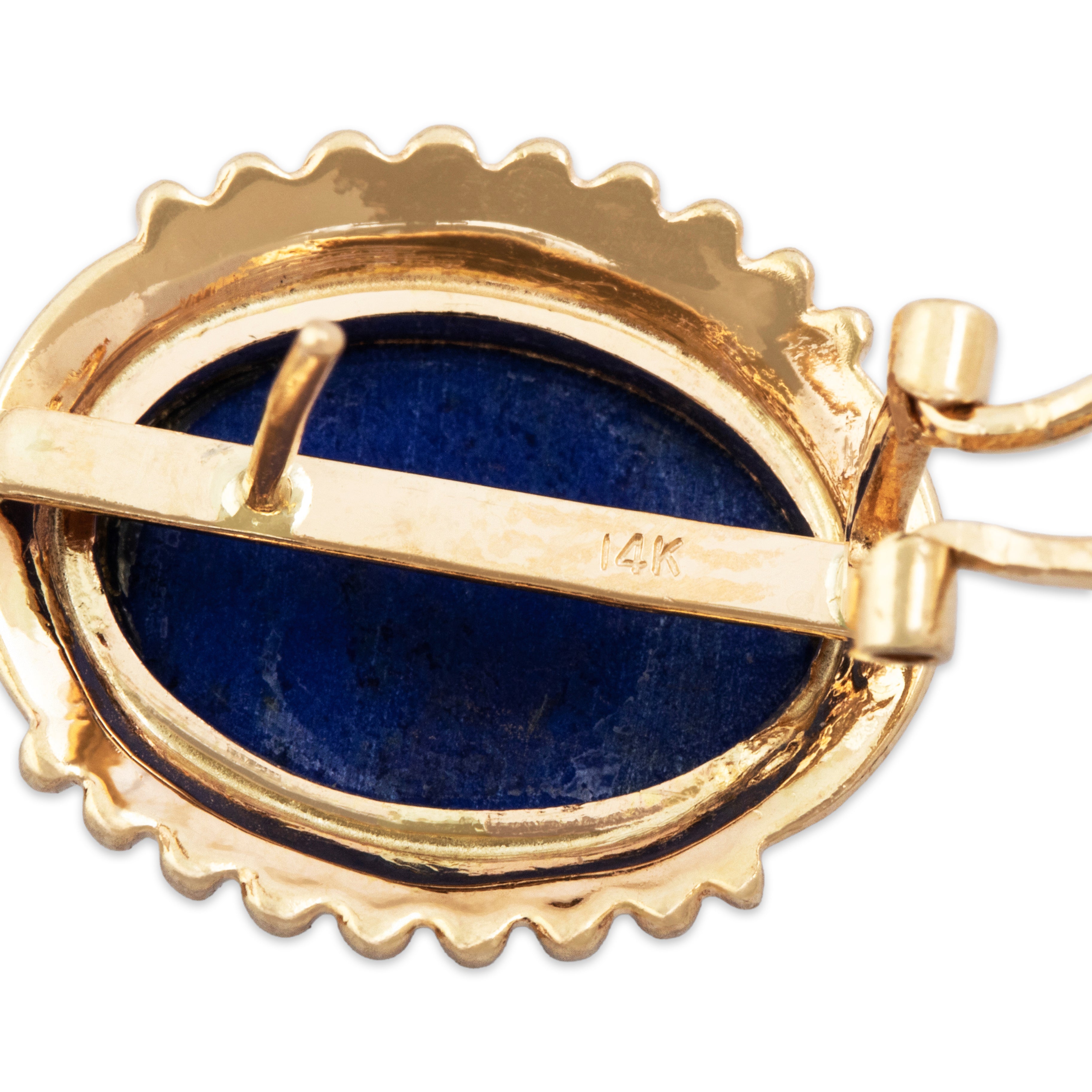 Vintage 14k Yellow Gold 6.5cttw Lapis Lazuli Ribbed Border Omega Earrings - Hallmark view