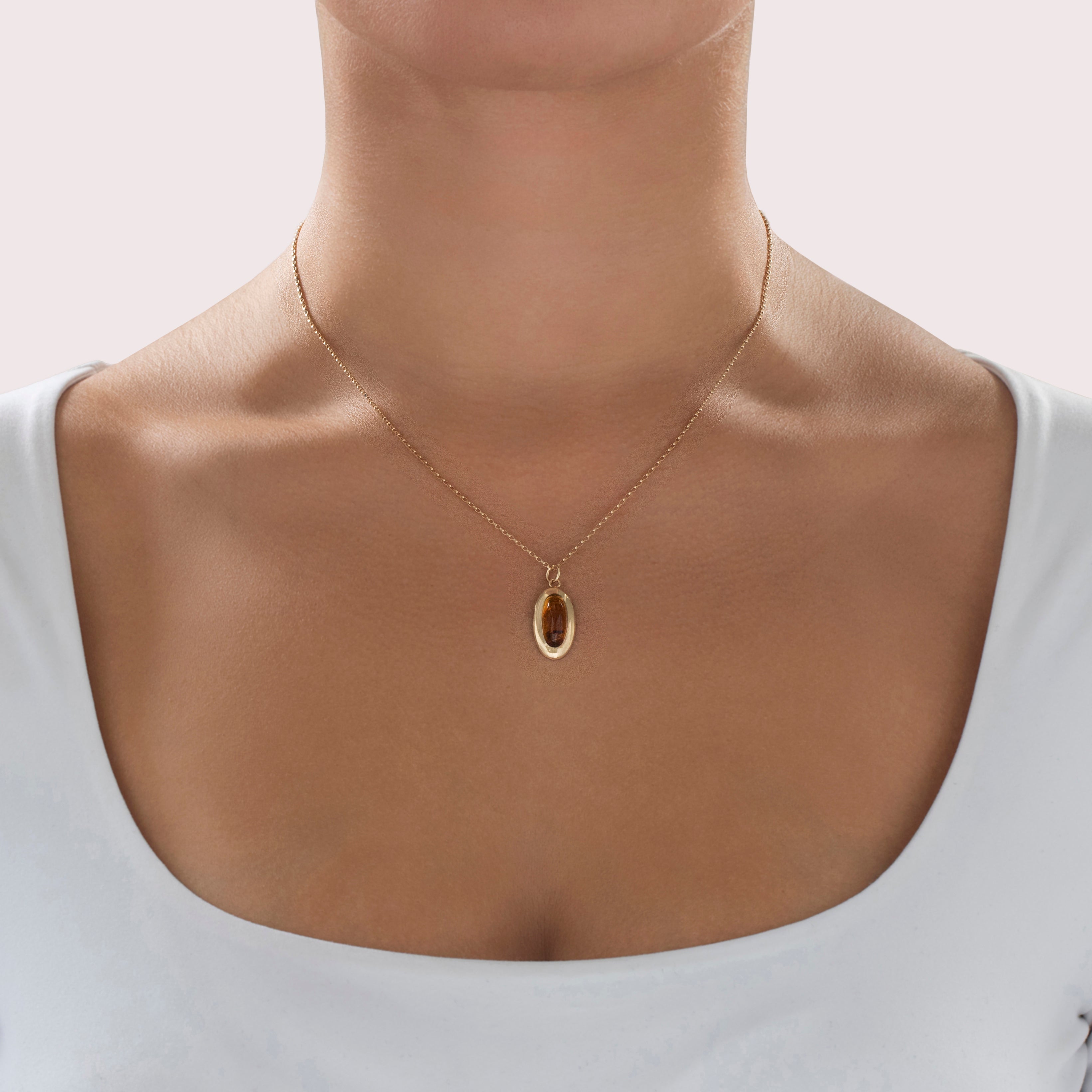 Antique 14k Yellow Gold Foil-Backed Citrine Bold Oval Cabochon Charm / Pendant - On model view