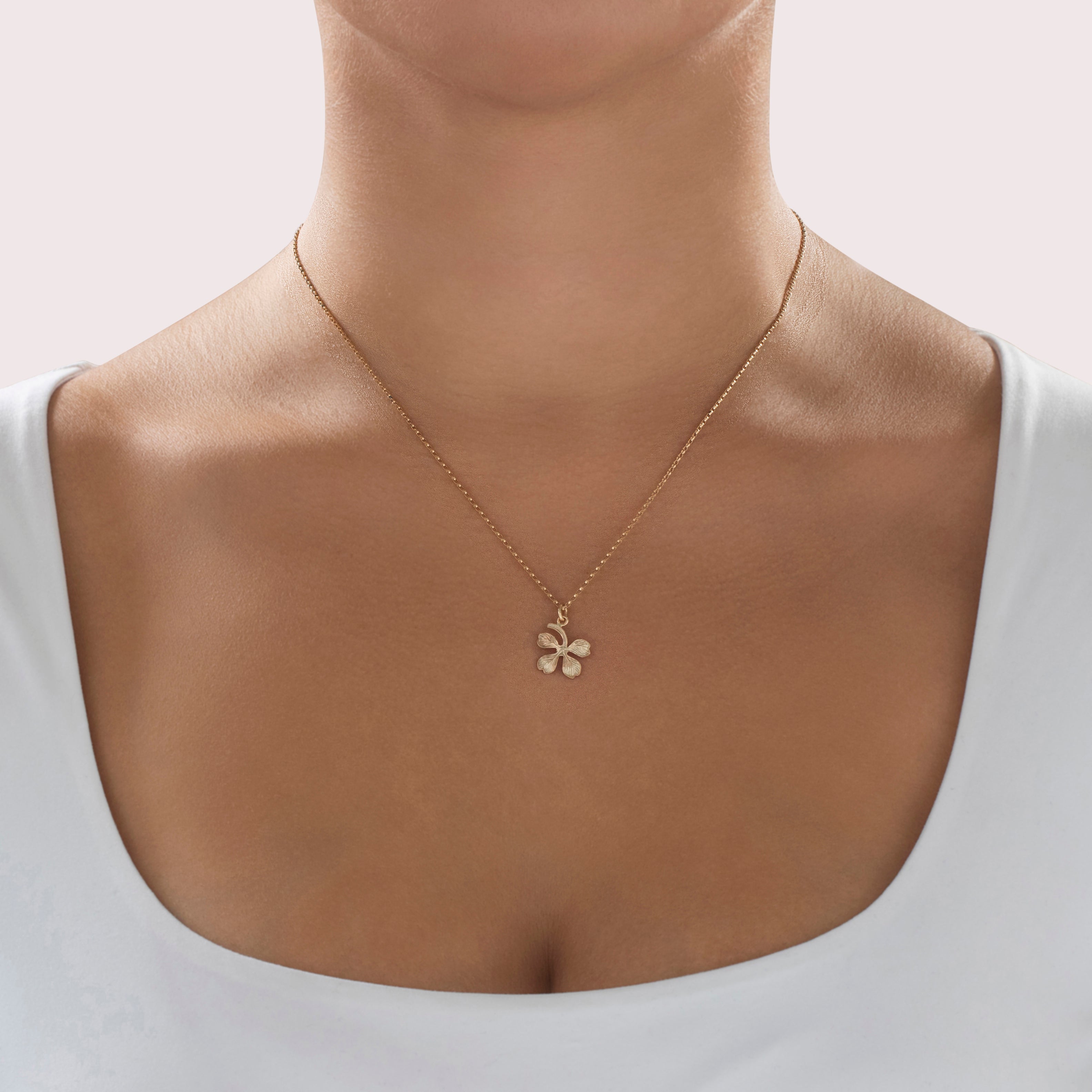 Vintage Lightweight 14k Yellow Gold Lucky Four-Leaf Clover Charm / Pendant - On model view