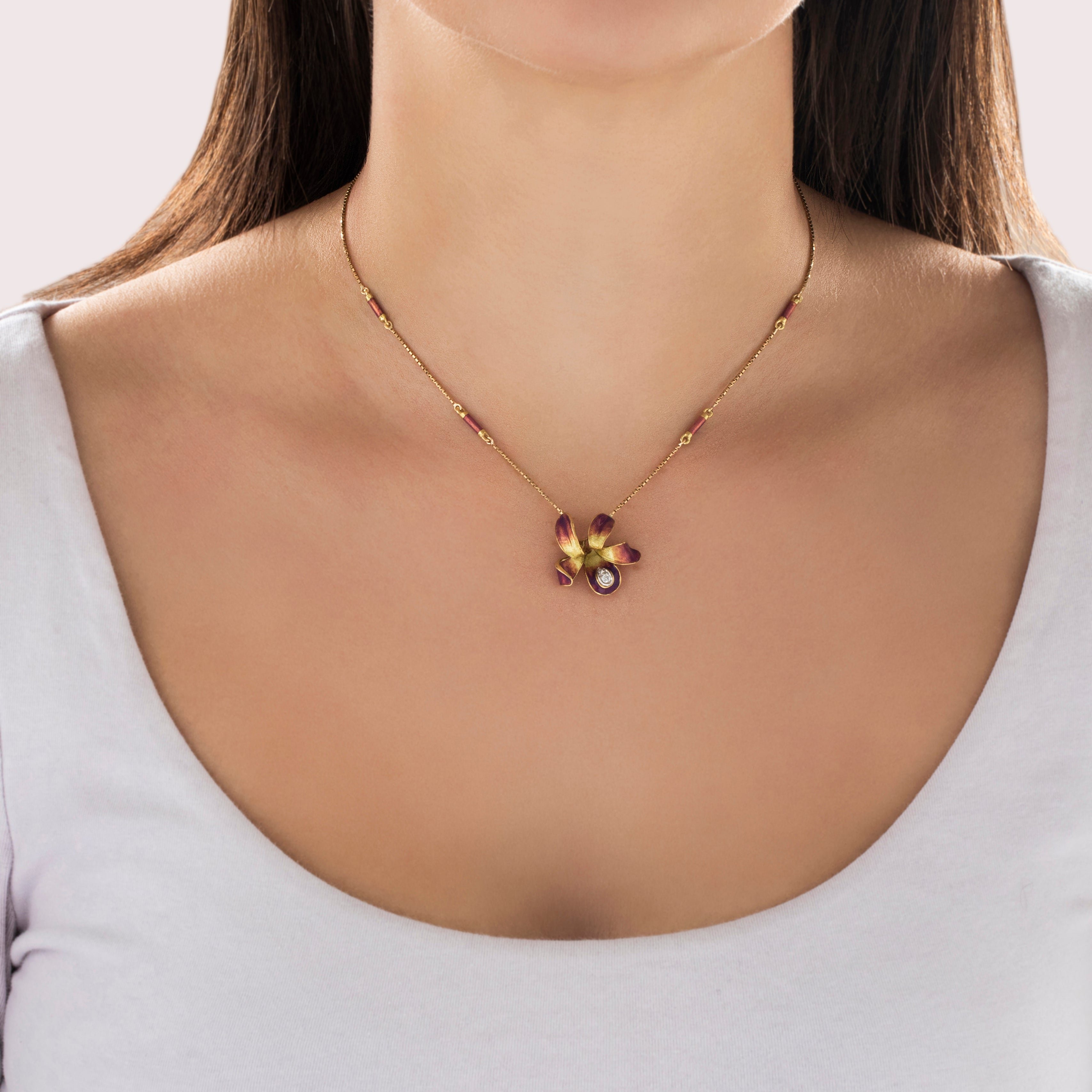 Vintage 14k Yellow Gold Diamond Incredible Purple Enamel Flower Necklace - On model view