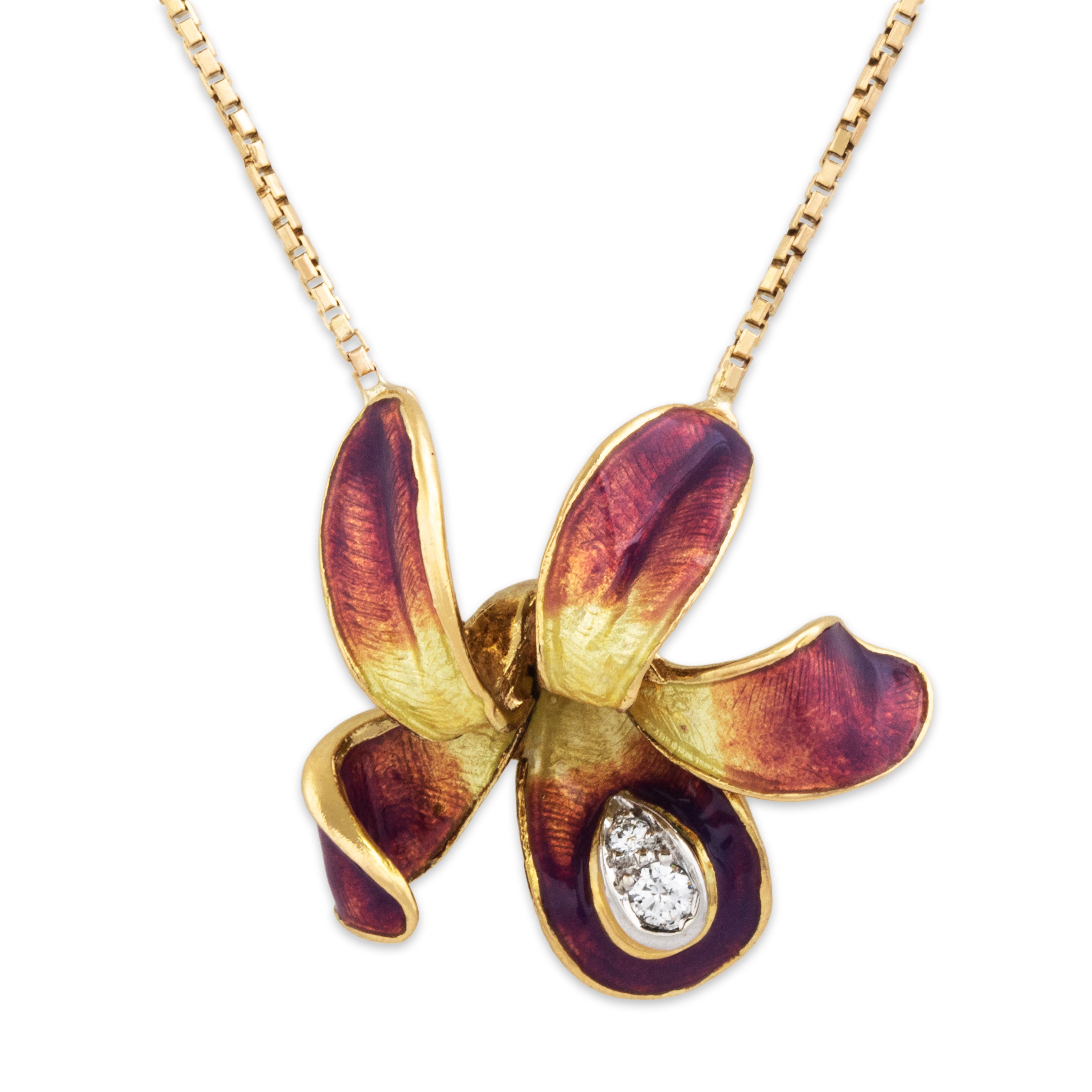 Vintage 14k Yellow Gold Diamond Incredible Purple Enamel Flower Necklace -detail view #2