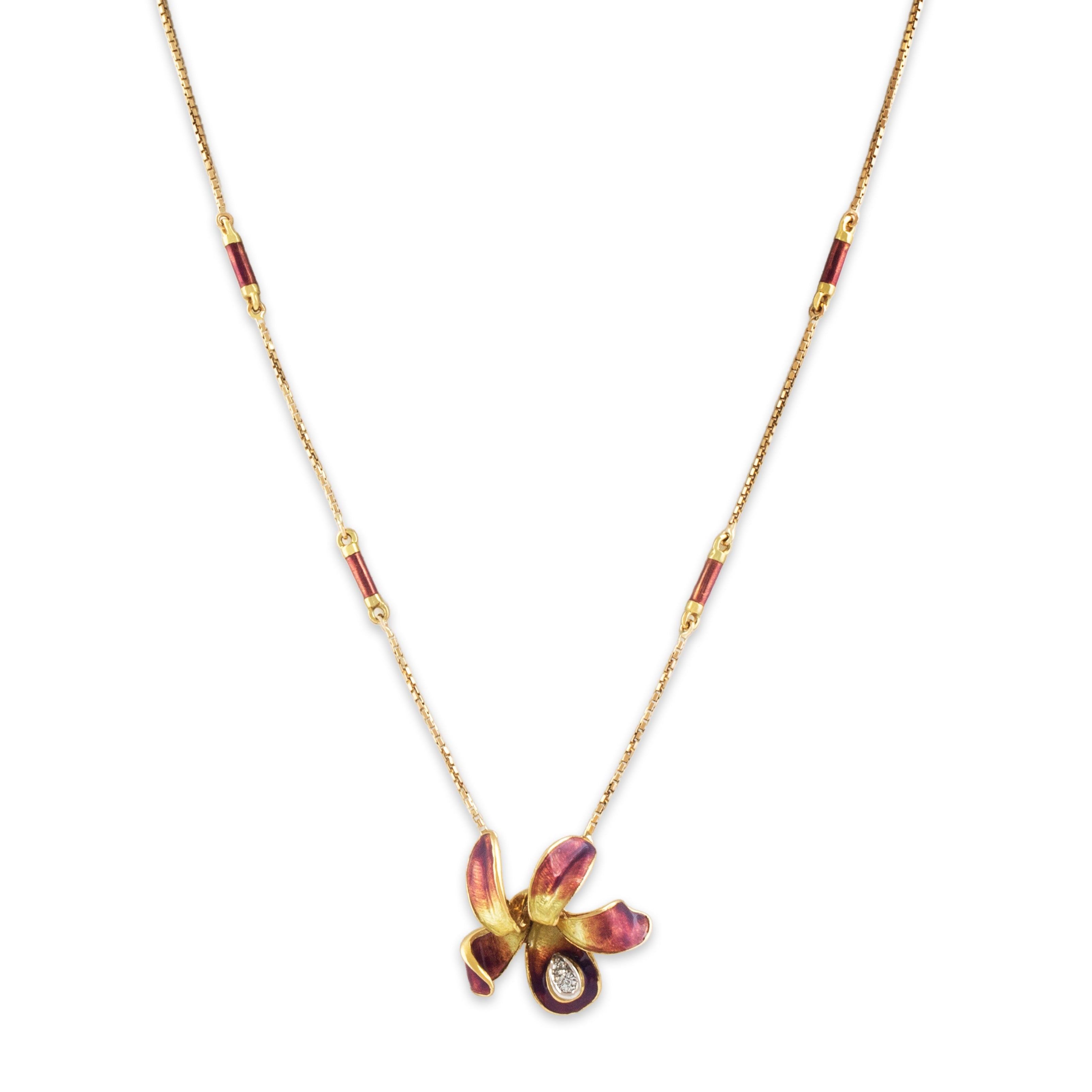 Vintage 14k Yellow Gold Diamond Incredible Purple Enamel Flower Necklace - Close-up view