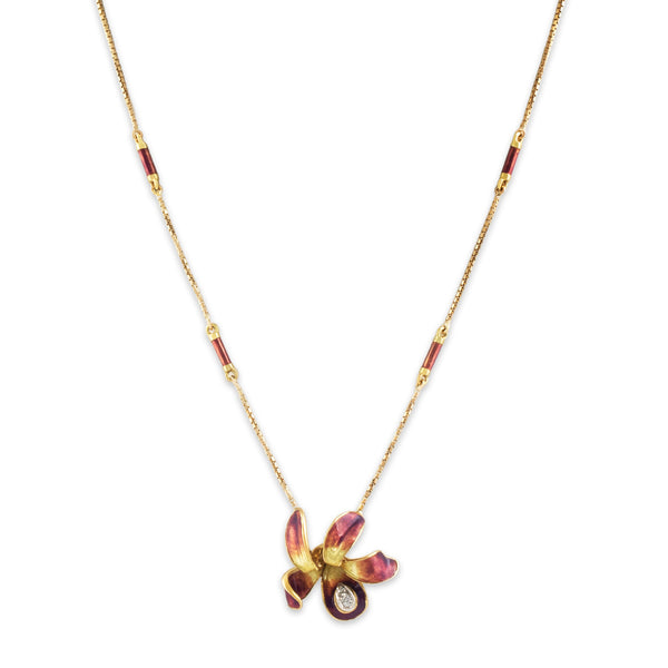 Vintage 14k Yellow Gold Diamond Incredible Colorful Enamel Flower Necklace 15.25