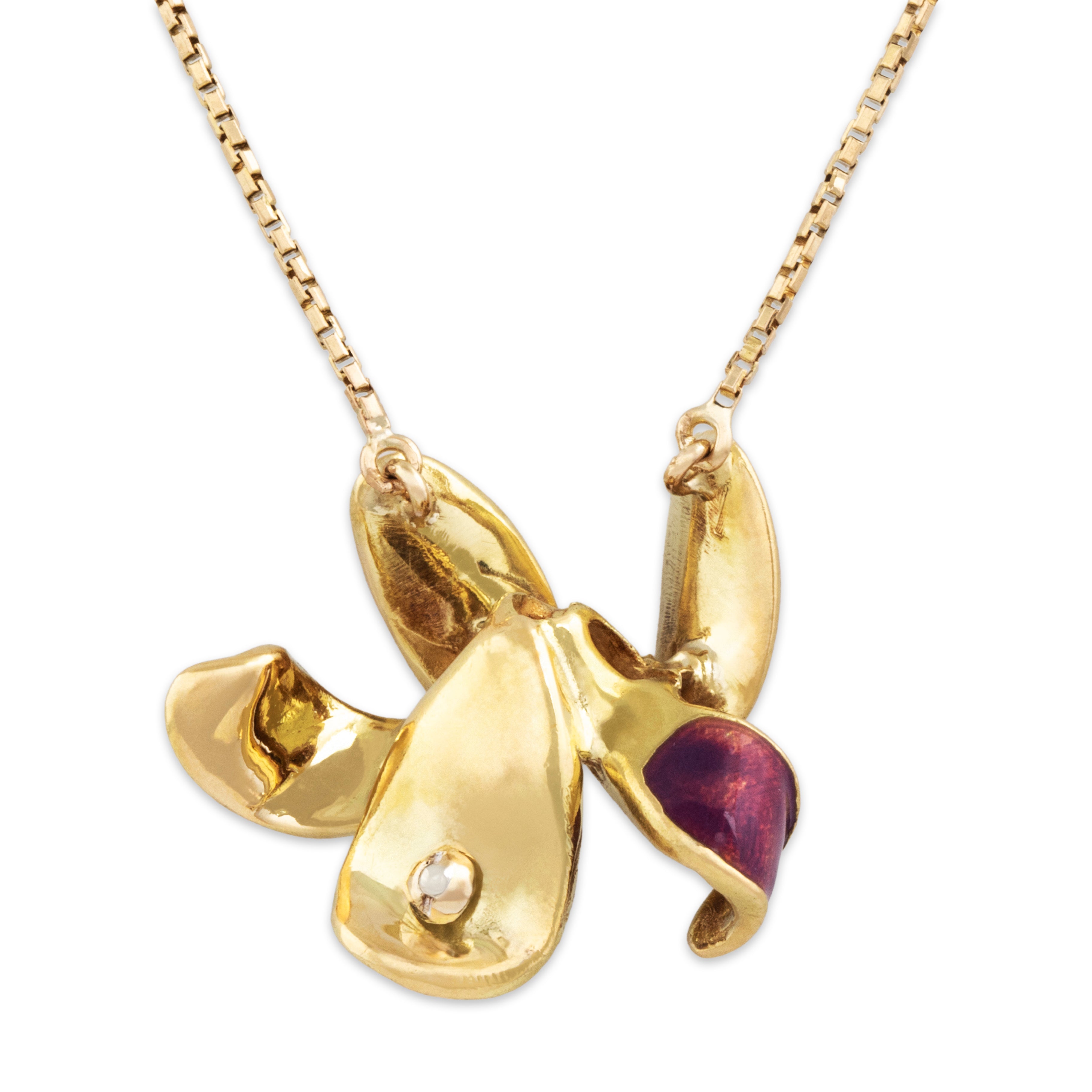 Vintage 14k Yellow Gold Diamond Incredible Purple Enamel Flower Necklace - Back view