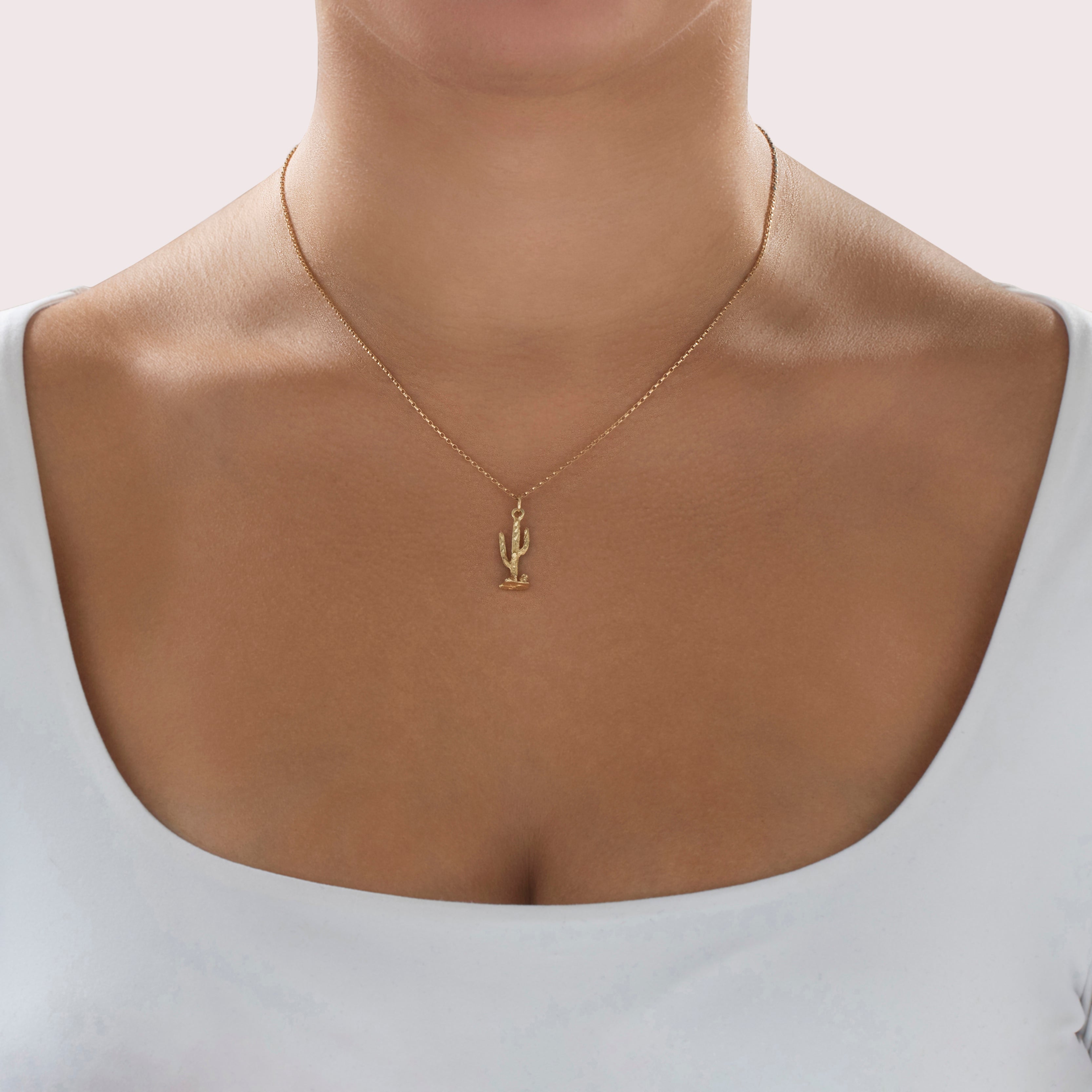 Vintage 14k Yellow Gold Cute Saguaro Cactus Charm / Pendant - On model view
