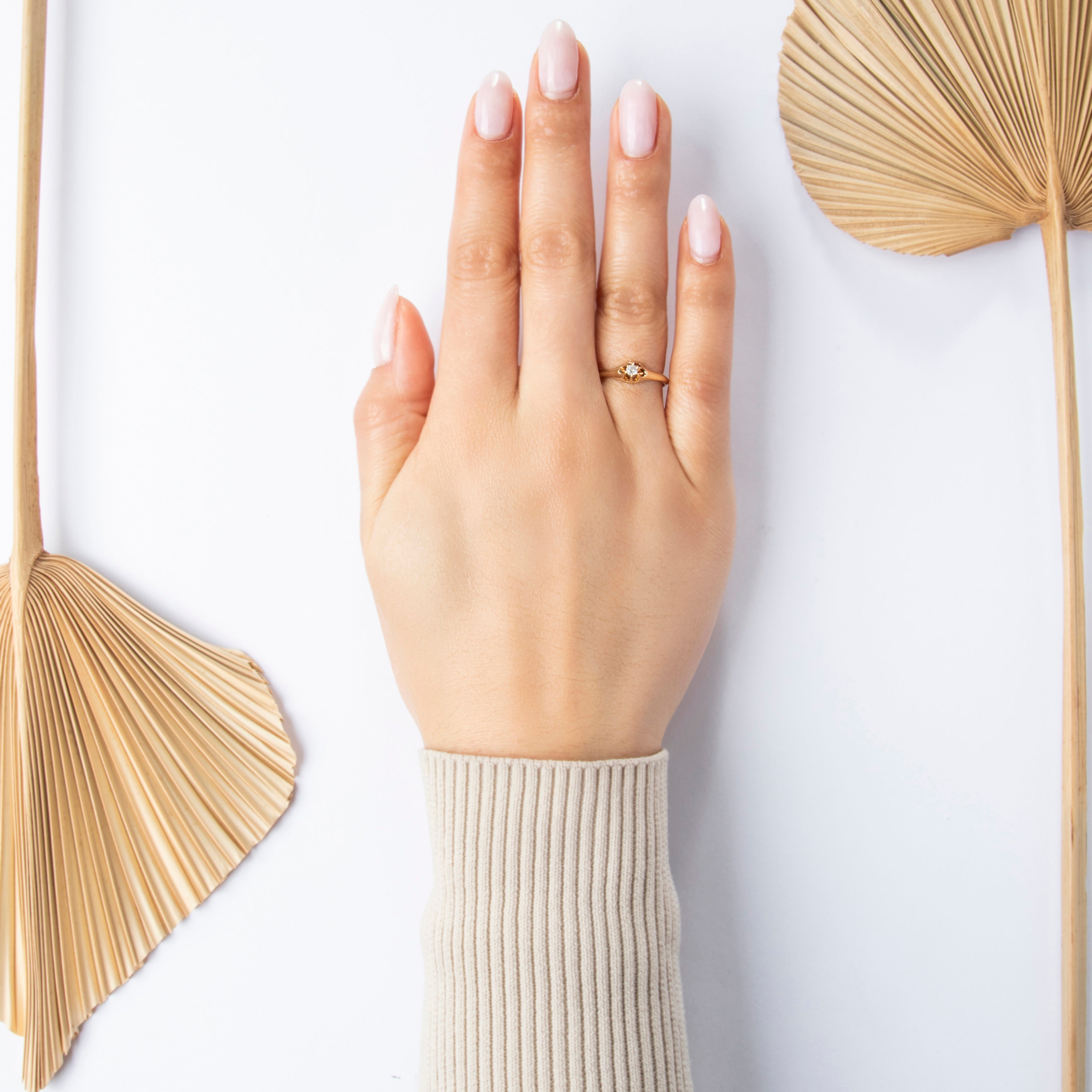 Antique 14k Yellow Gold Old Mine Cut Diamond Belcher-Set Solitaire Ring - On model view