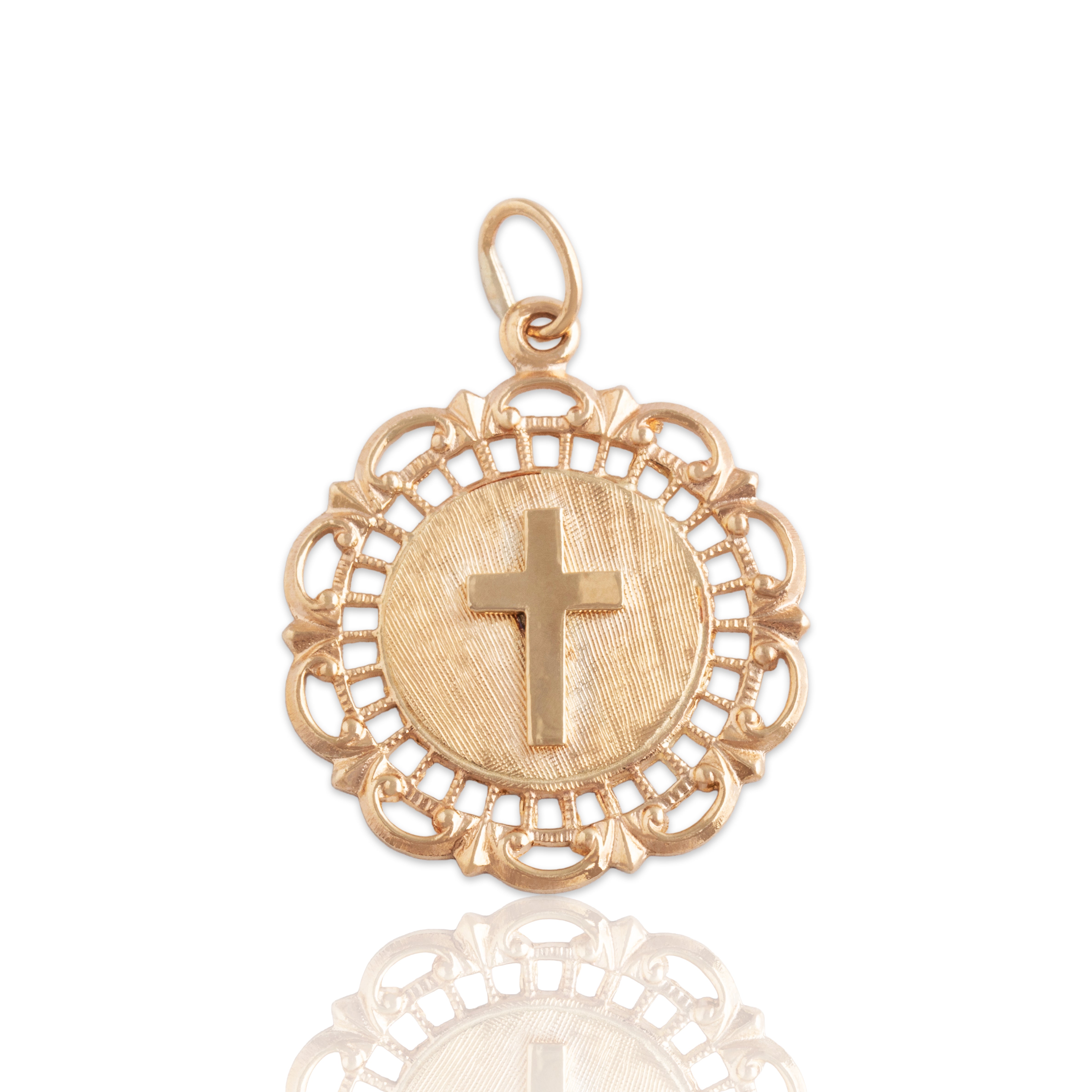 Vintage 14k Yellow Gold Medallion Cross Charm / Pendant - Close-up view