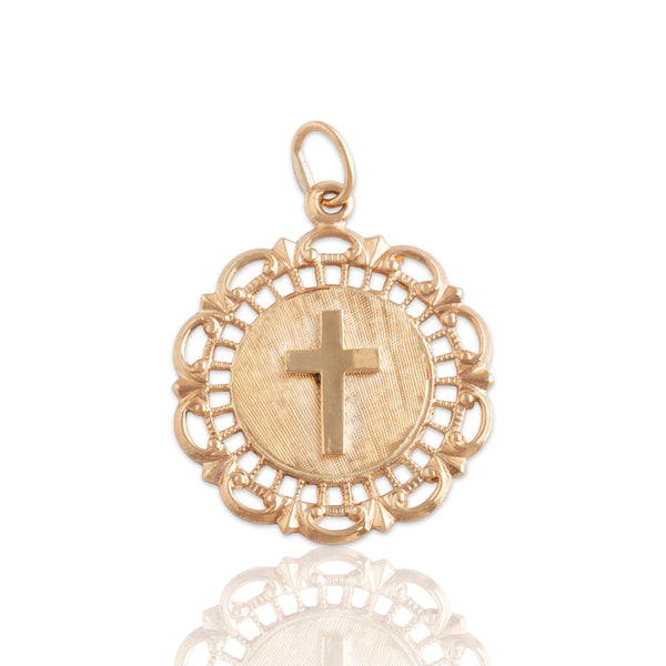 Vintage 14k Rosy Yellow Gold Cross Medallion Charm / Pendant