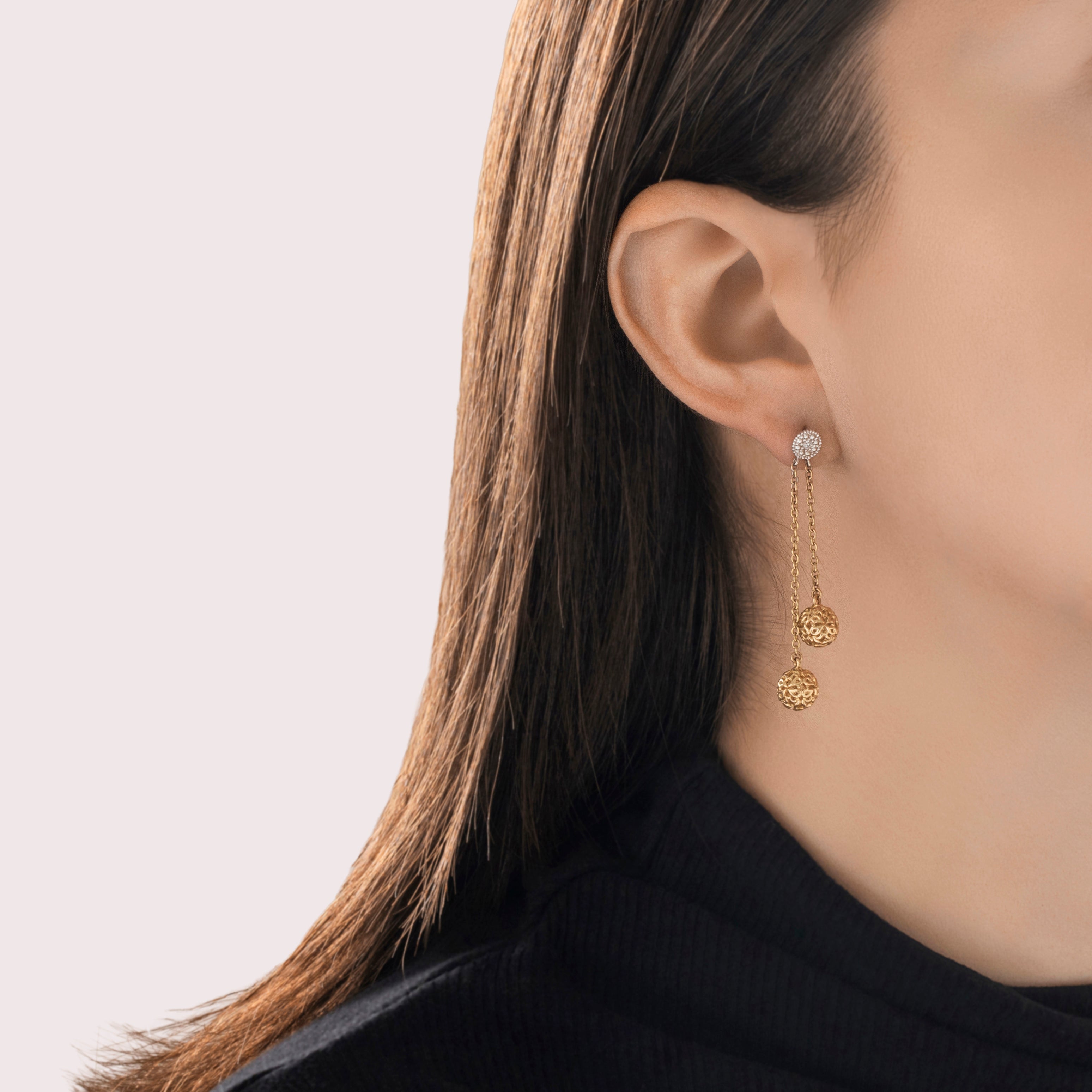 Vintage 14k Yellow & White Gold Diamond Lattice Sphere Dangle Earrings - On model view