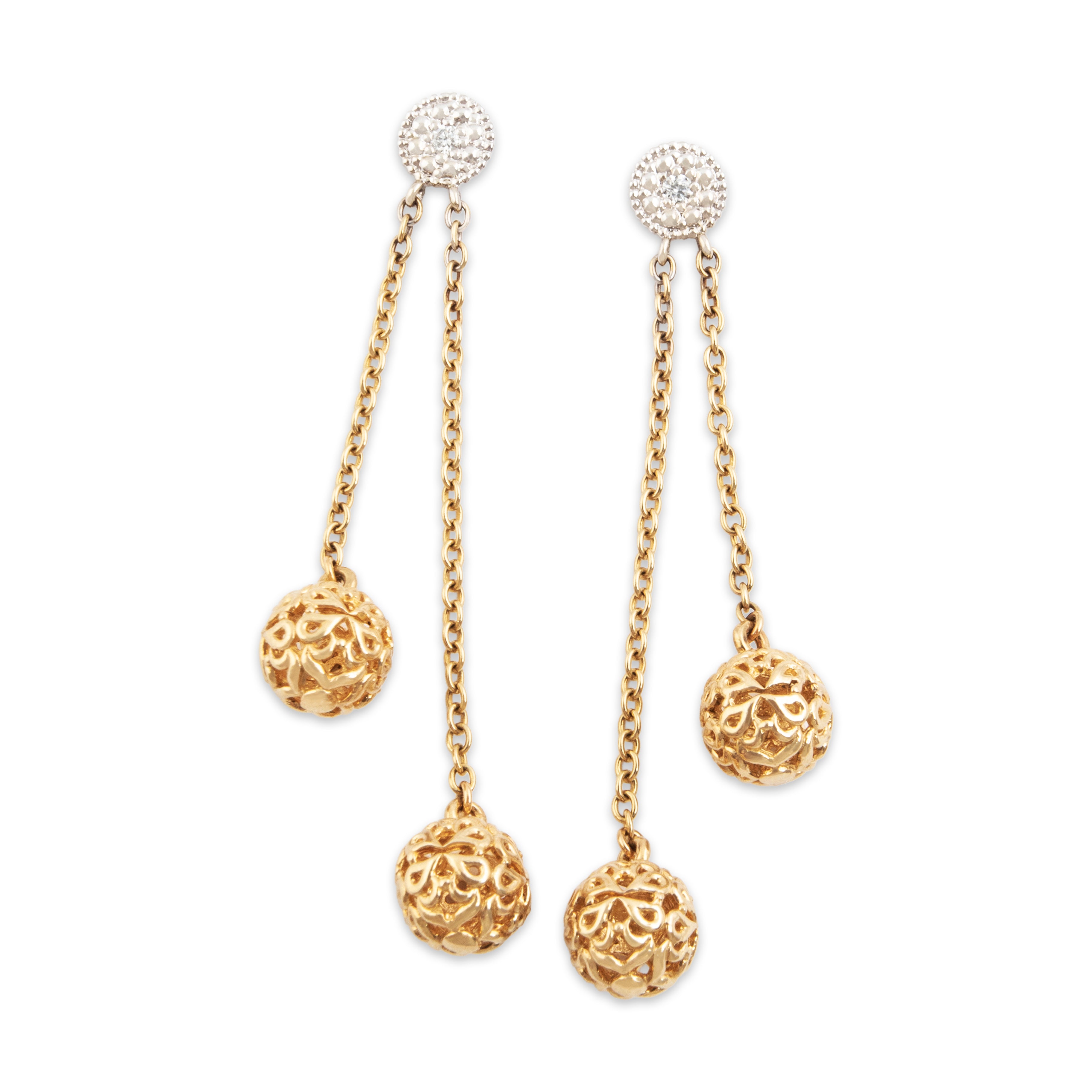 Vintage 14k Yellow & White Gold Diamond Lattice Sphere Dangle Earrings - Close-up view