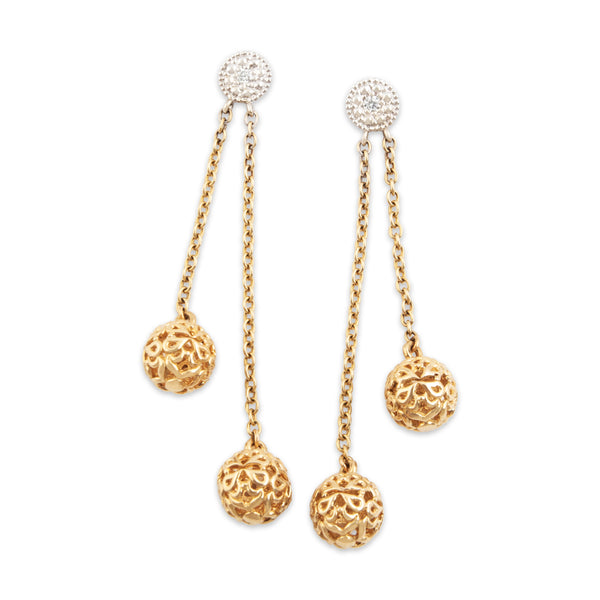 Vintage 14k Yellow & White Gold Diamond Filigree Sphere Dangle Earrings