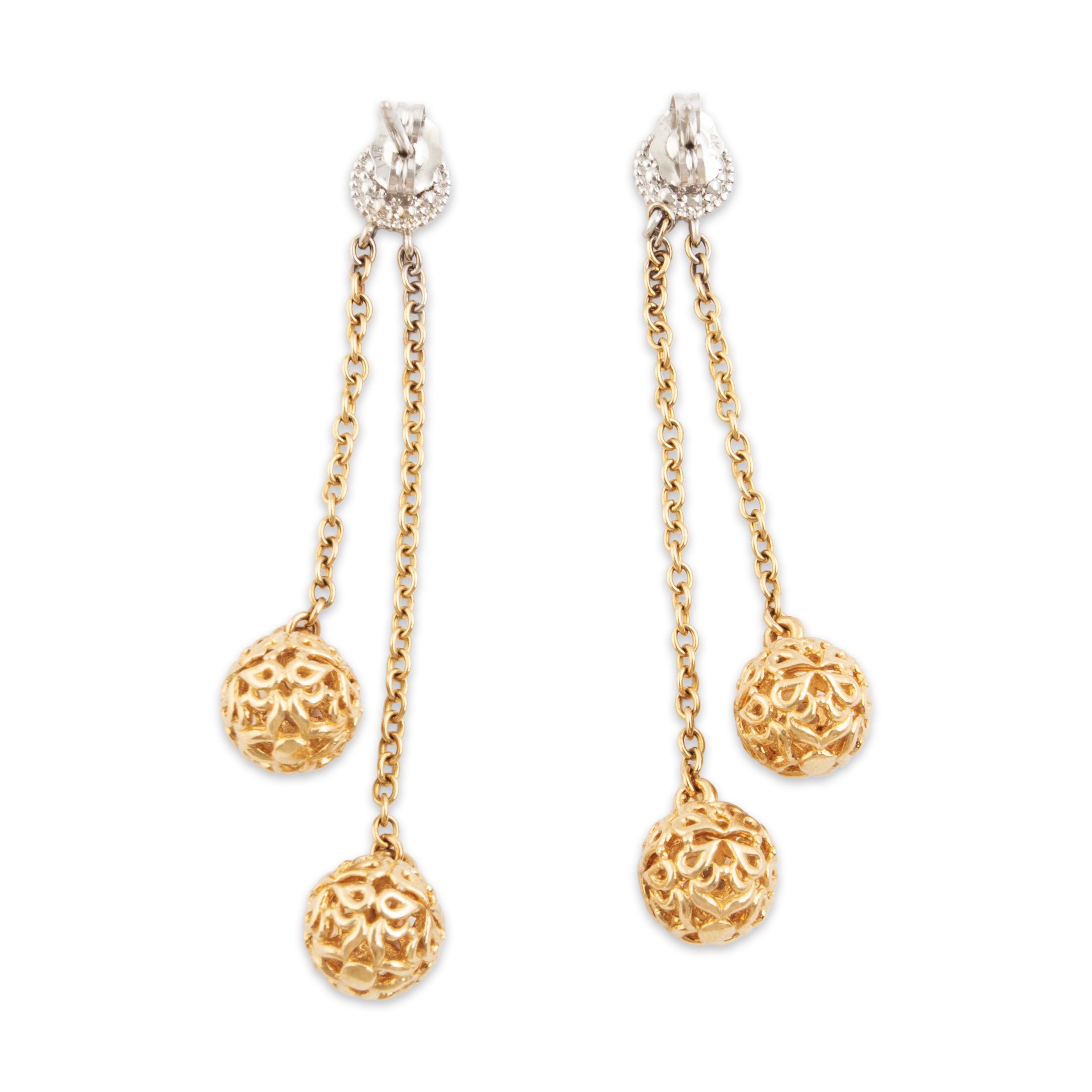 Vintage 14k Yellow & White Gold Diamond Lattice Sphere Dangle Earrings - Back view