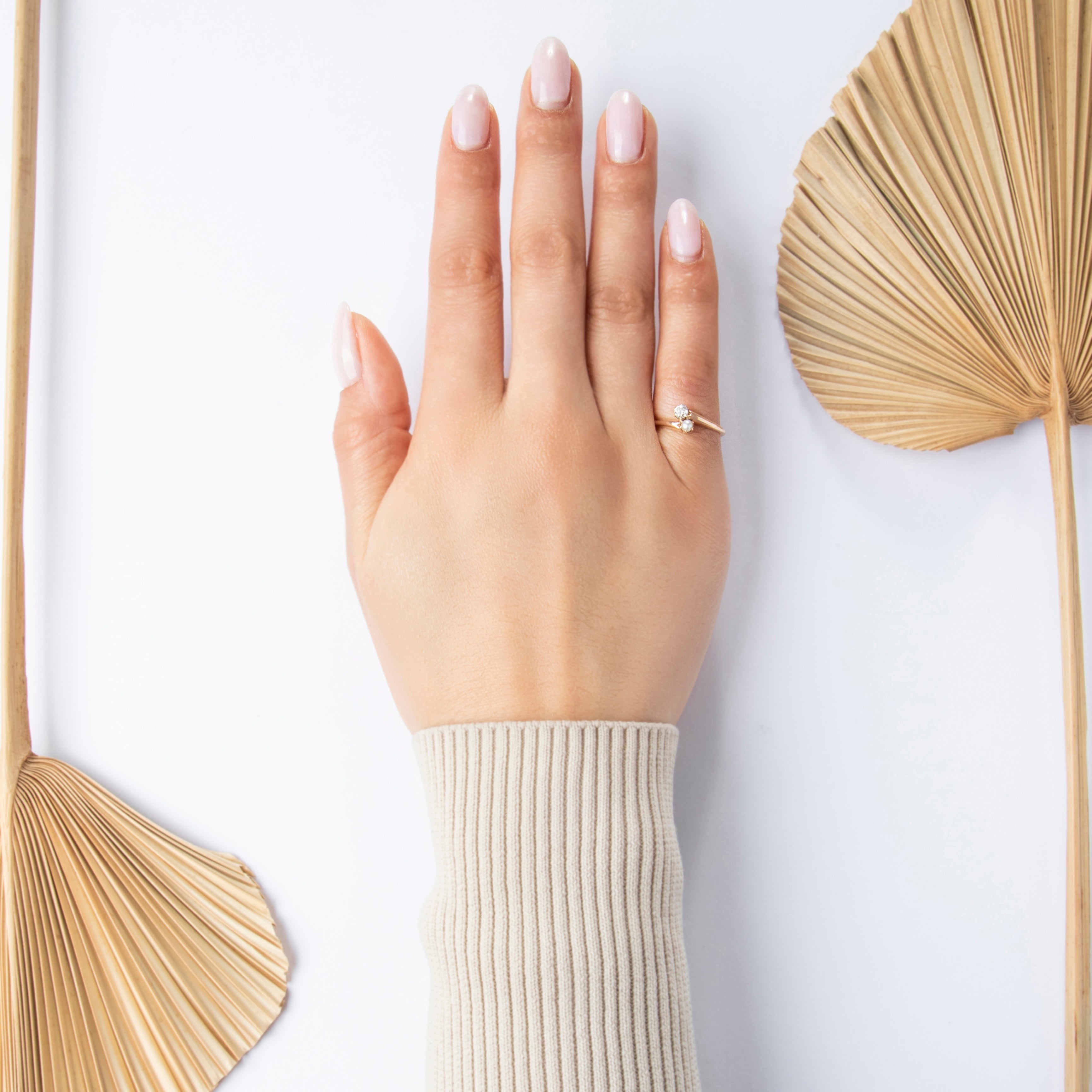 Antique 10k Rosy Yellow Gold Old Mine Diamond Pearl Dainty Toi Et Moi Ring - On model view