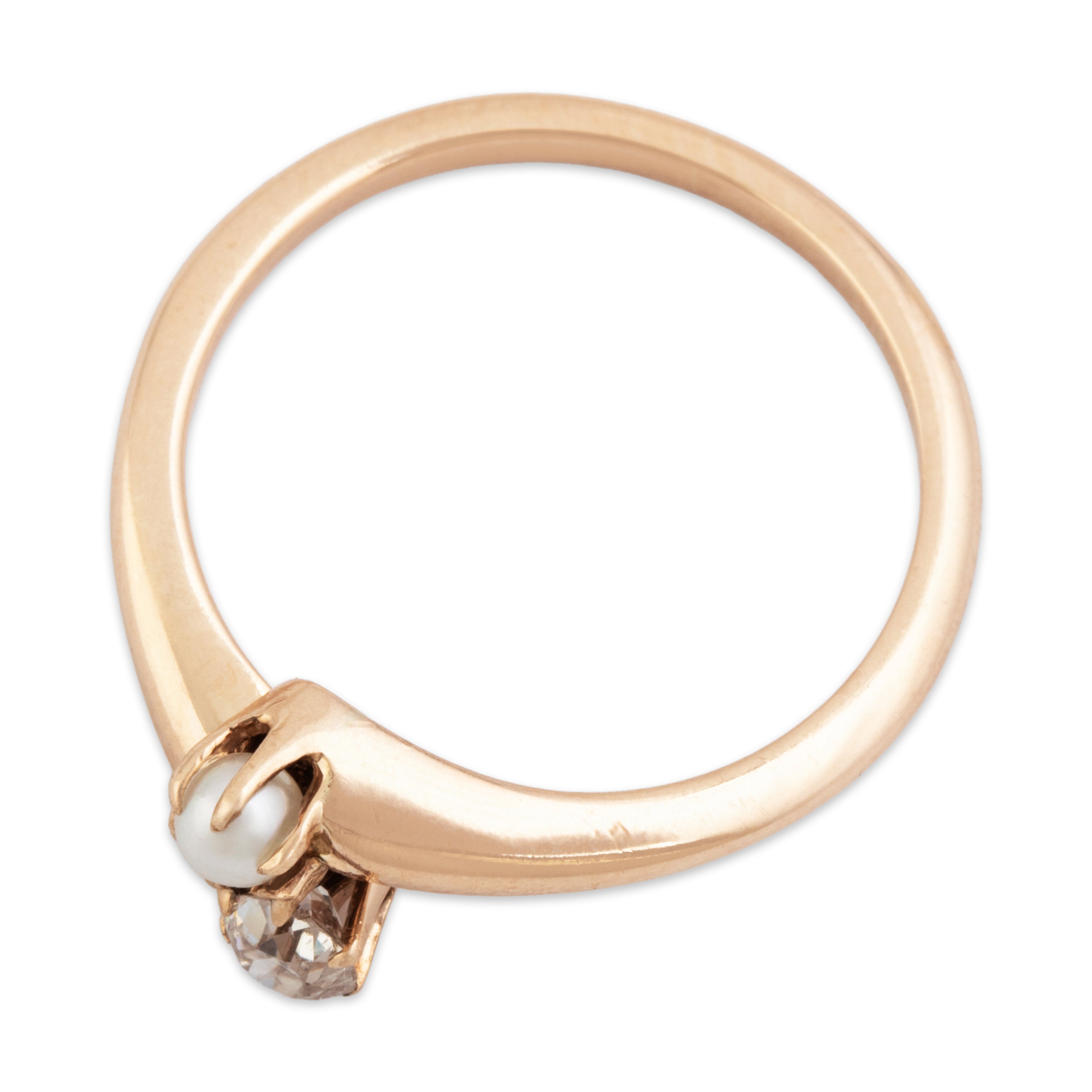 Antique 10k Rosy Yellow Gold Old Mine Diamond Pearl Dainty Toi Et Moi Ring - Overall view