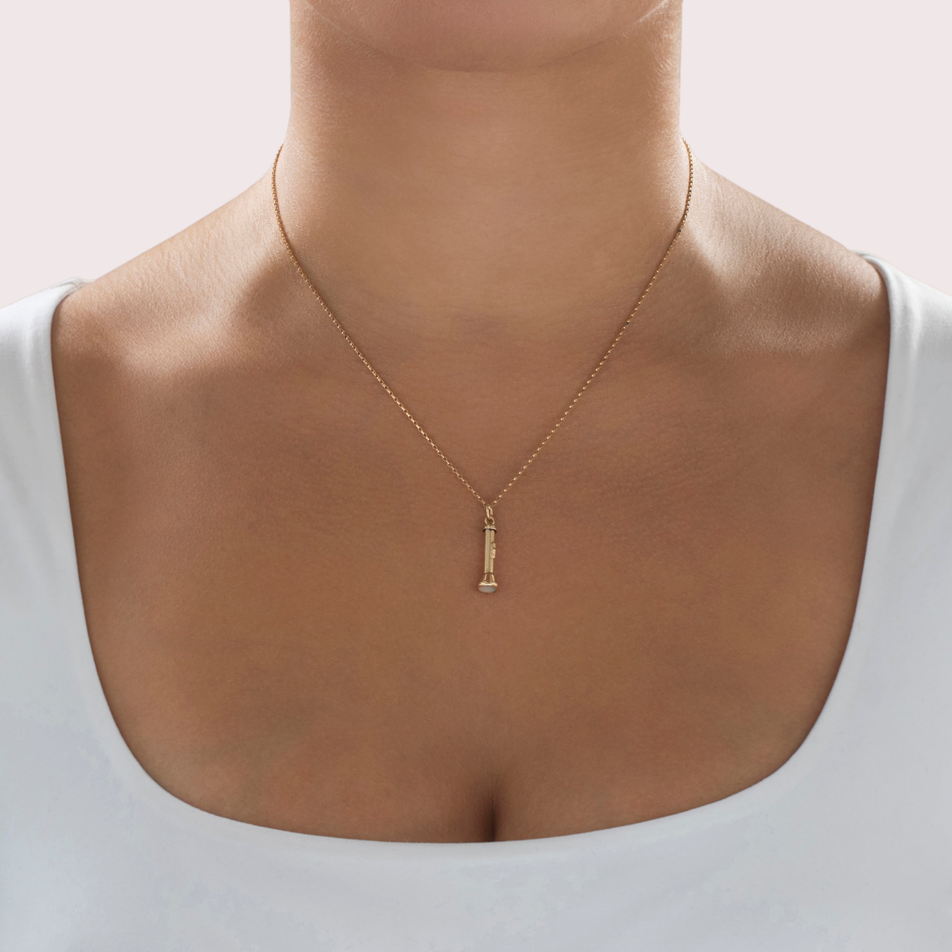 Vintage 14k Yellow Gold Mother Of Pearl Detailed Flashlight Charm / Pendant - On model view