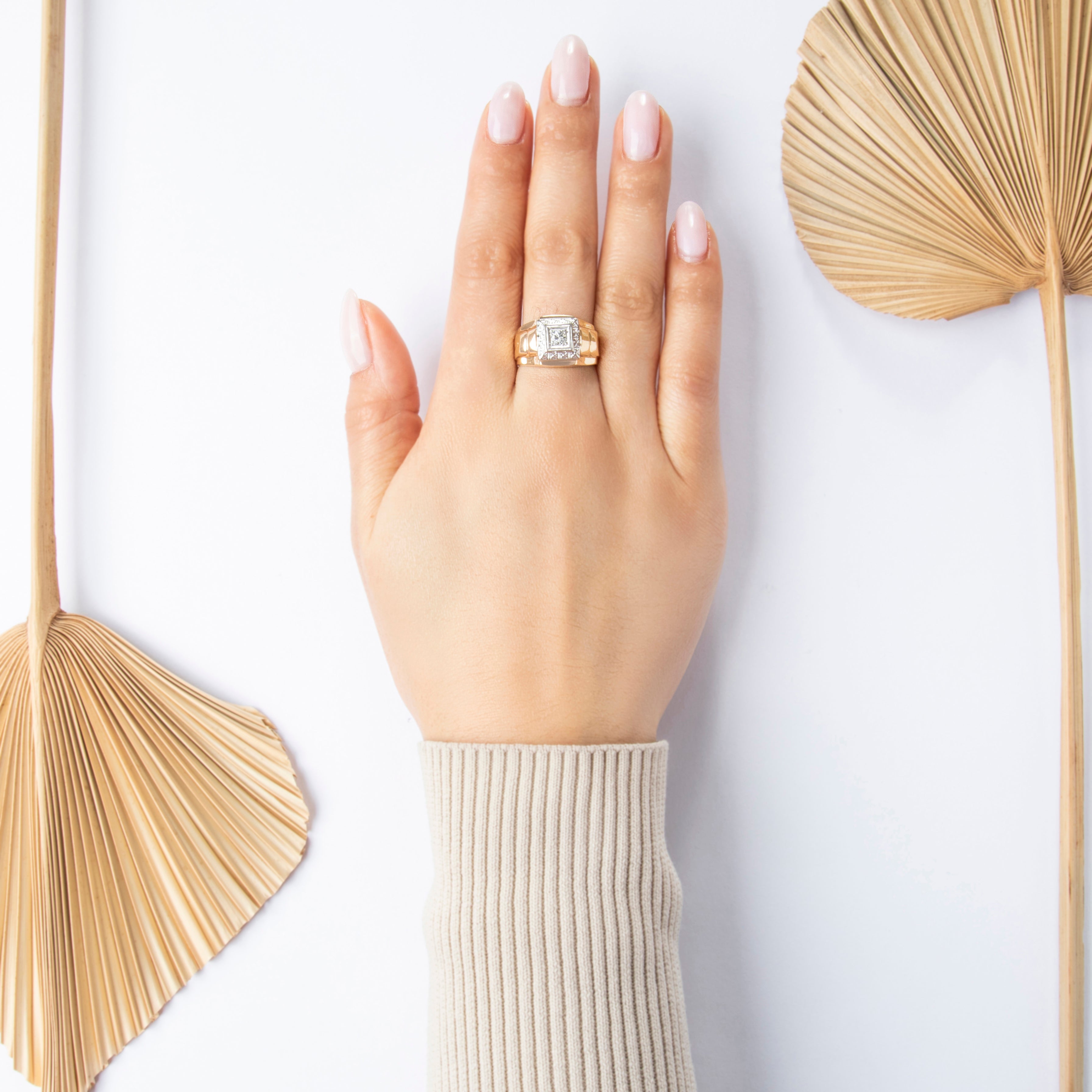 Vintage Large 14k Yellow & White Gold Diamond Geometric Statement Ring - On model view