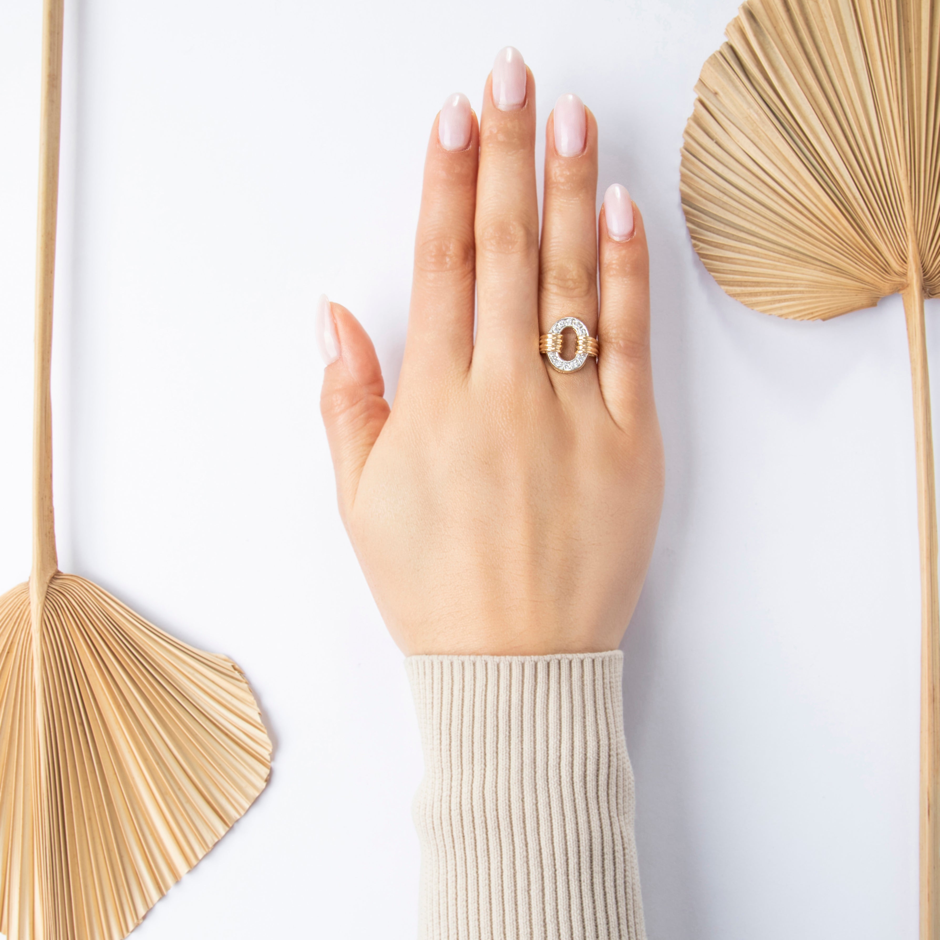 Vintage 14k Yellow & White Gold Diamond Brilliant Oval Ring  - Close-up view