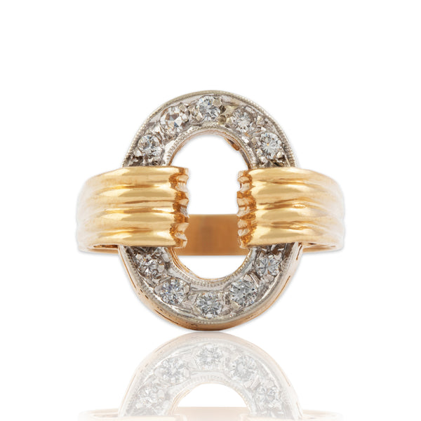 Vintage 14k Yellow & White Gold Diamond Brilliant Oval Buckle Ring 6.25