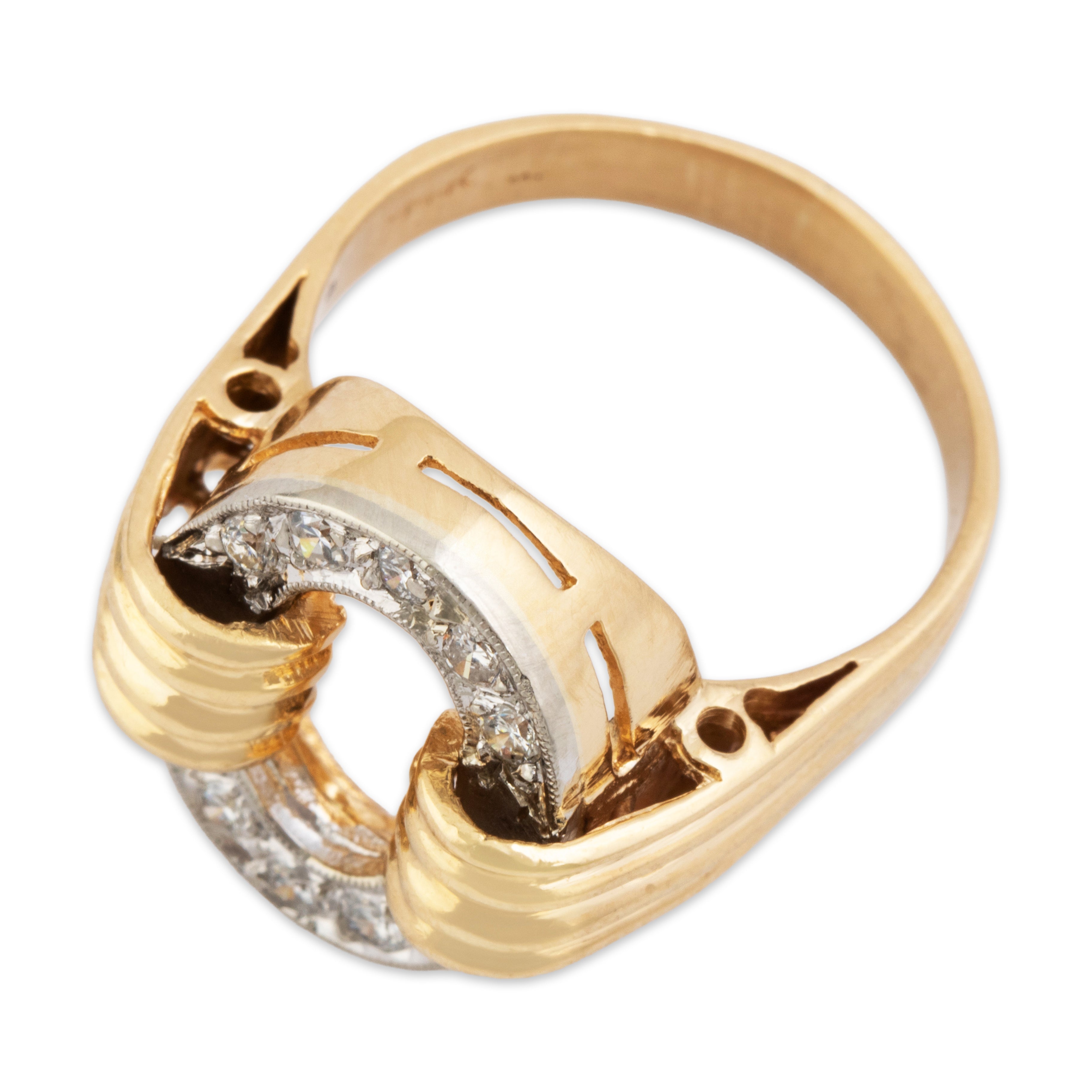 Vintage 14k Yellow & White Gold Diamond Brilliant Oval Buckle Ring - Overall view