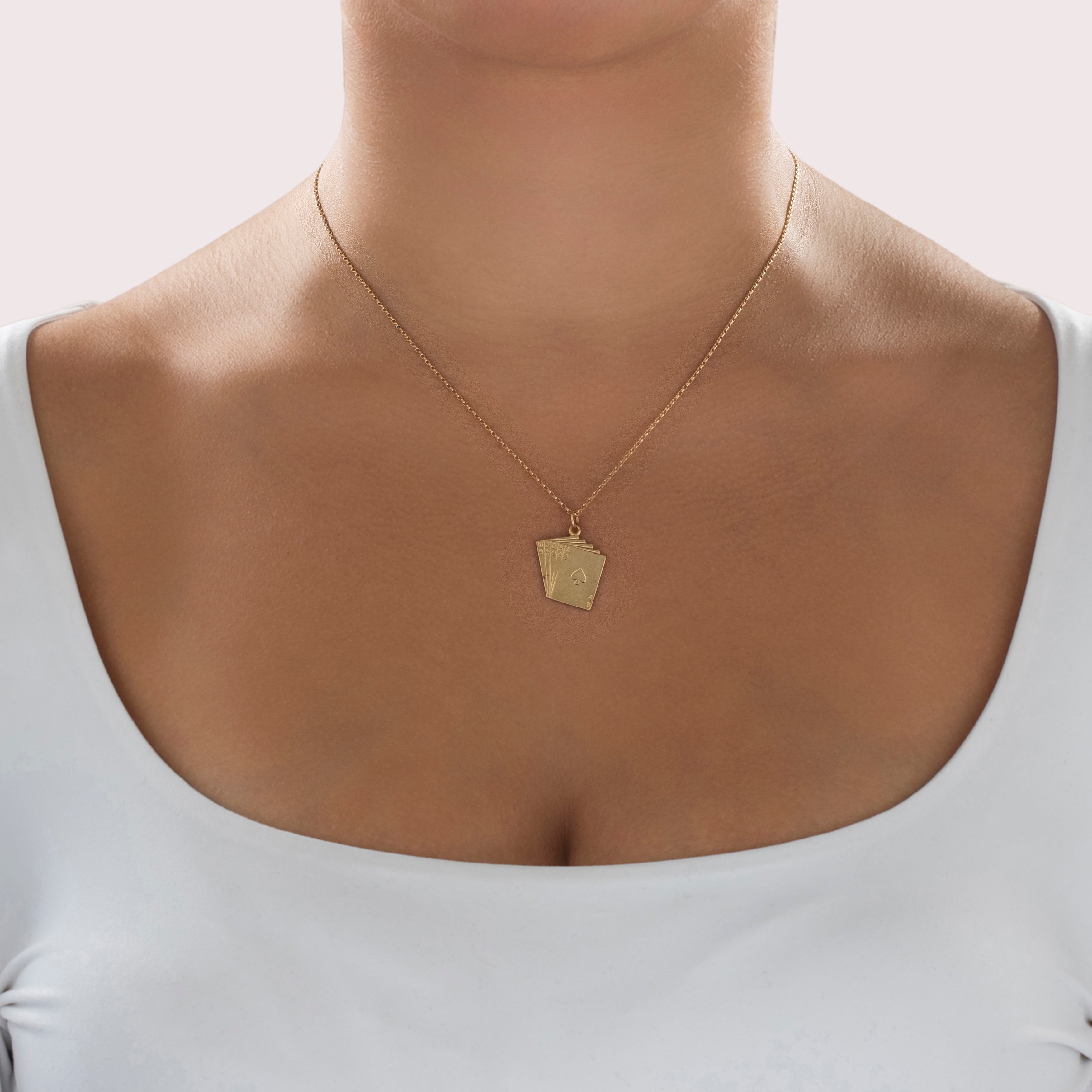 Vintage 14k Yellow Gold Royal Flush Hand Of Cards Charm / Pendant - On model view