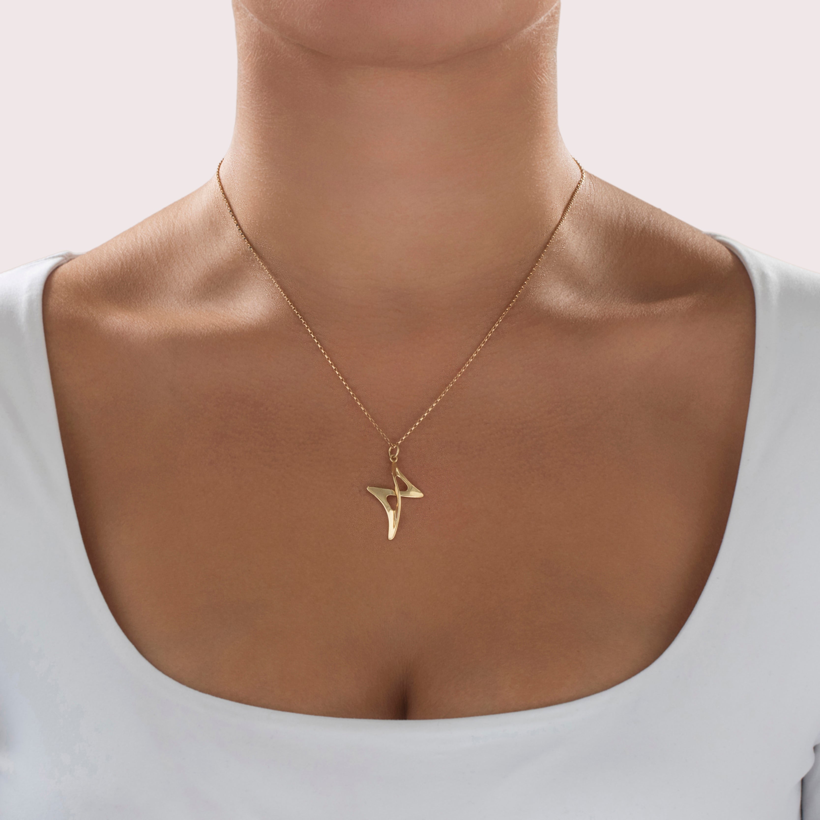 Vintage 14k Yellow Gold Sculptural Abstract Swish Pendant - On model view