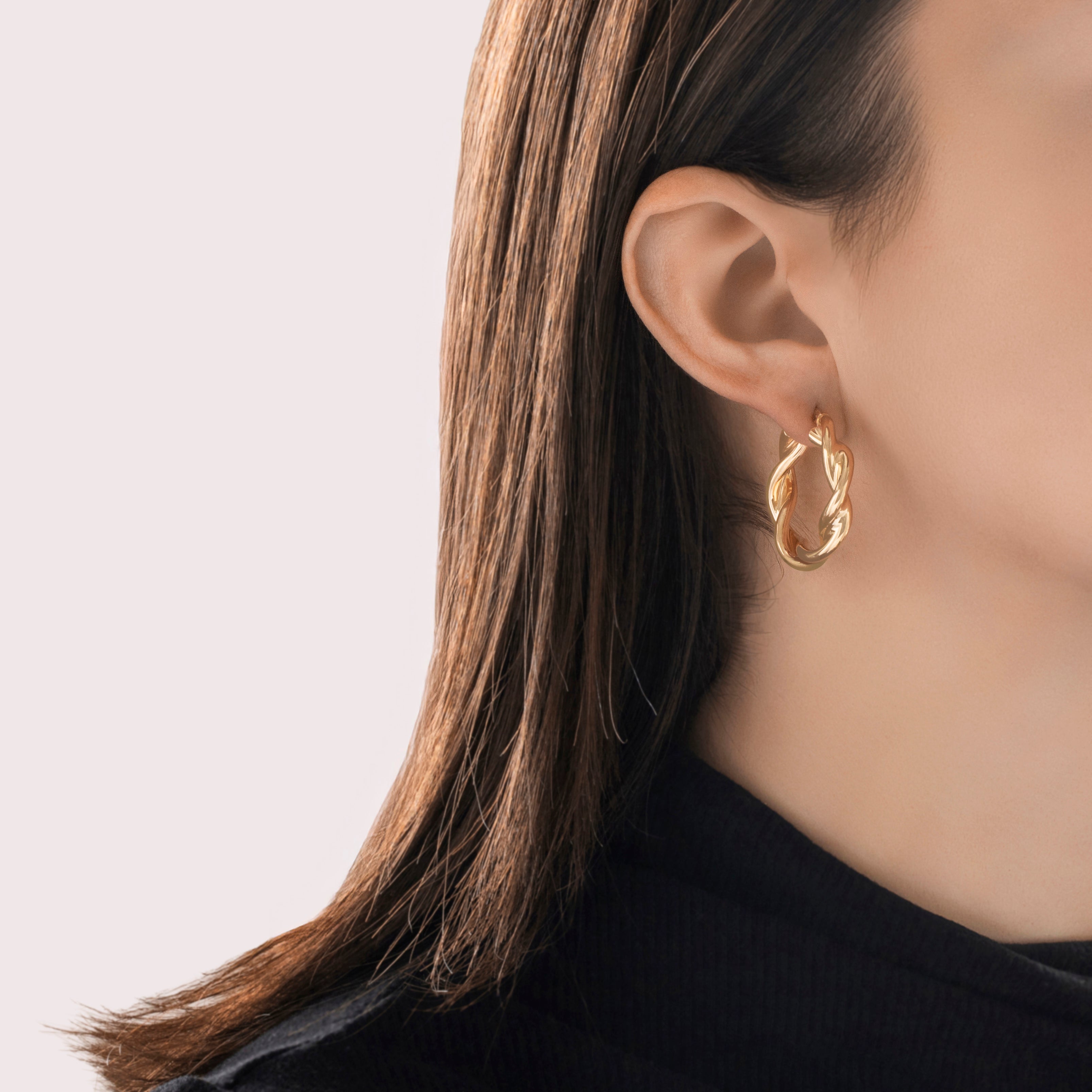 Vintage 14k Yellow Gold Everyday Twisted Rope Hoop Earrings - On model view