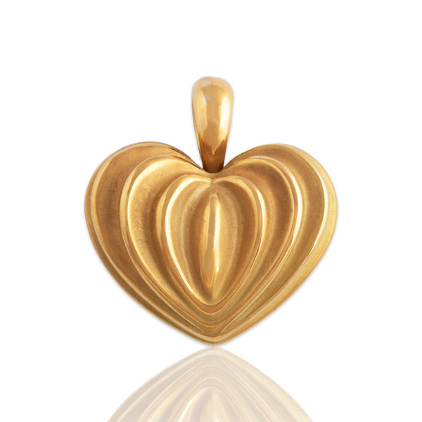 Vintage Large 14k Yellow Gold Puffy Sculpted Satin Ripple Heart Pendant