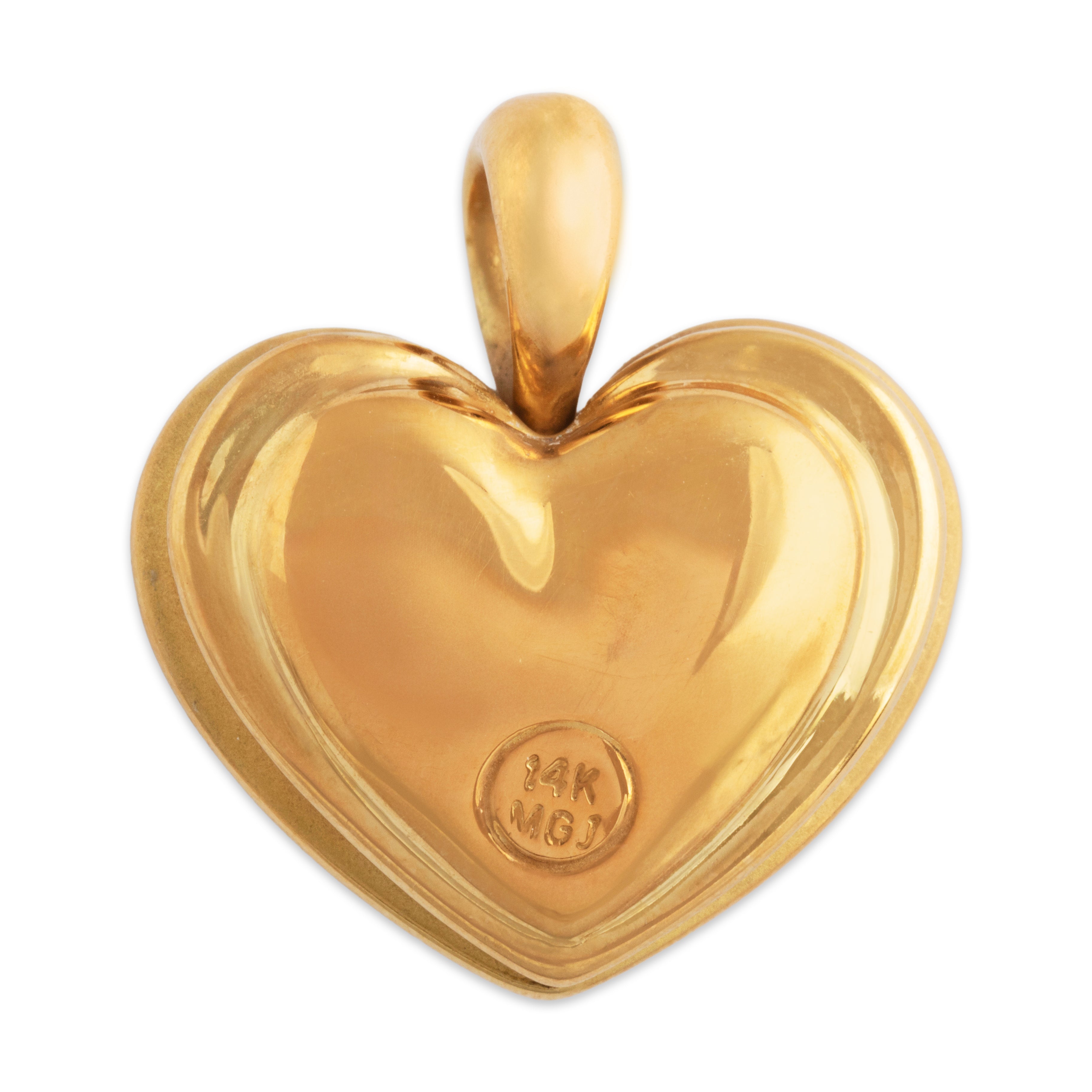 Vintage Large 14k Yellow Gold Puffy Sculpted Satin Ripple Heart Pendant