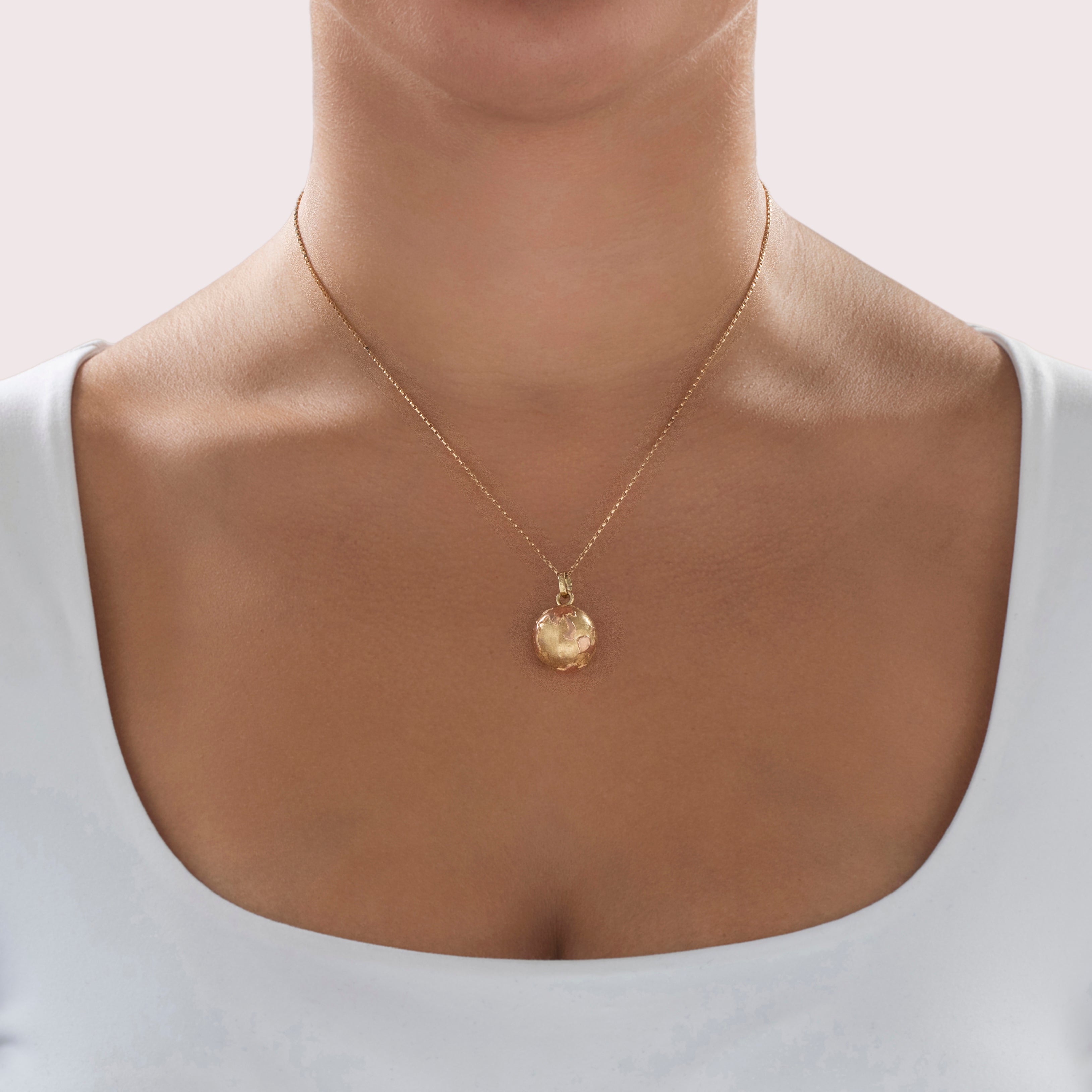 Vintage 14k Yellow & Rose Gold Wonderful Brushed Globe Pendant - On model view