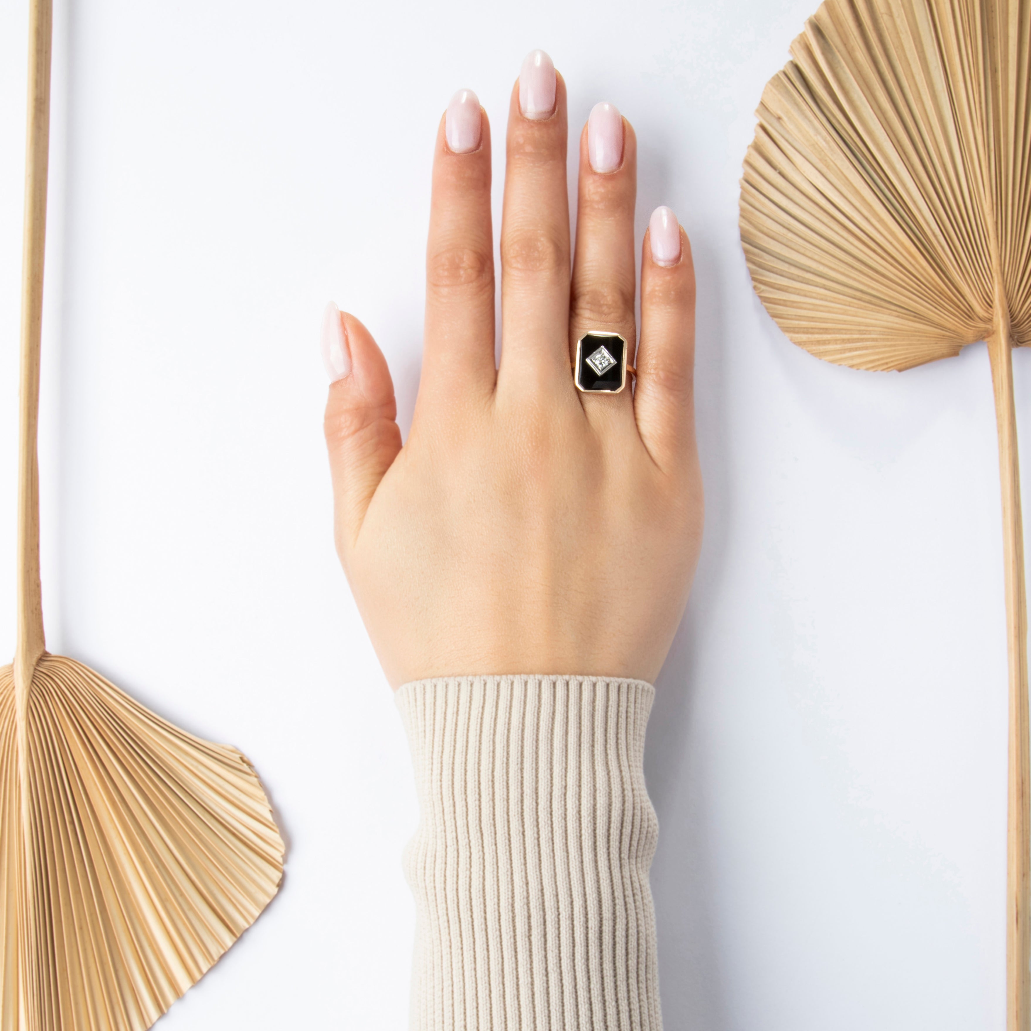 Vintage 14k Yellow & White Gold Old European Diamond Onyx Classic Ring - On model view