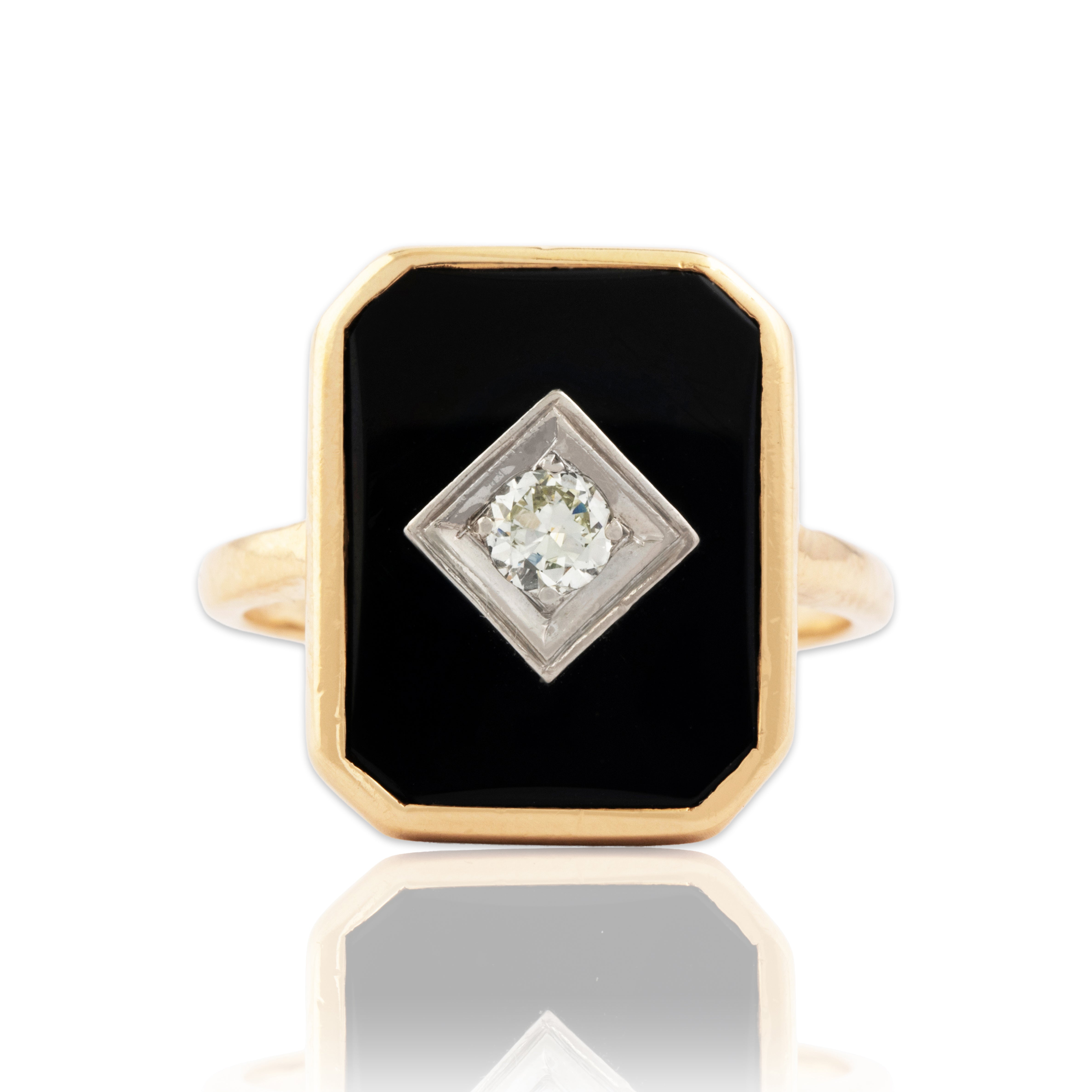 Vintage 14k Yellow & White Gold Old European Diamond Onyx Classic Ring - Close-up view