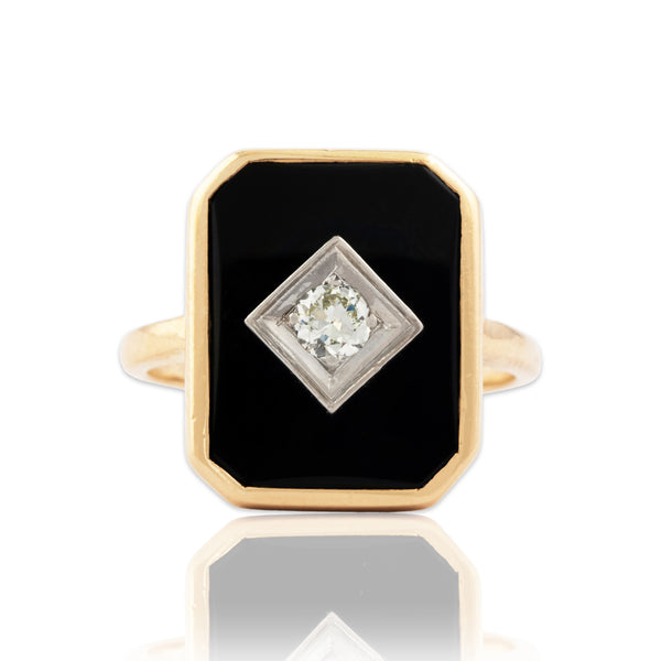 Vintage 14k Yellow & White Gold Old European Diamond Onyx Classic Ring 7.25