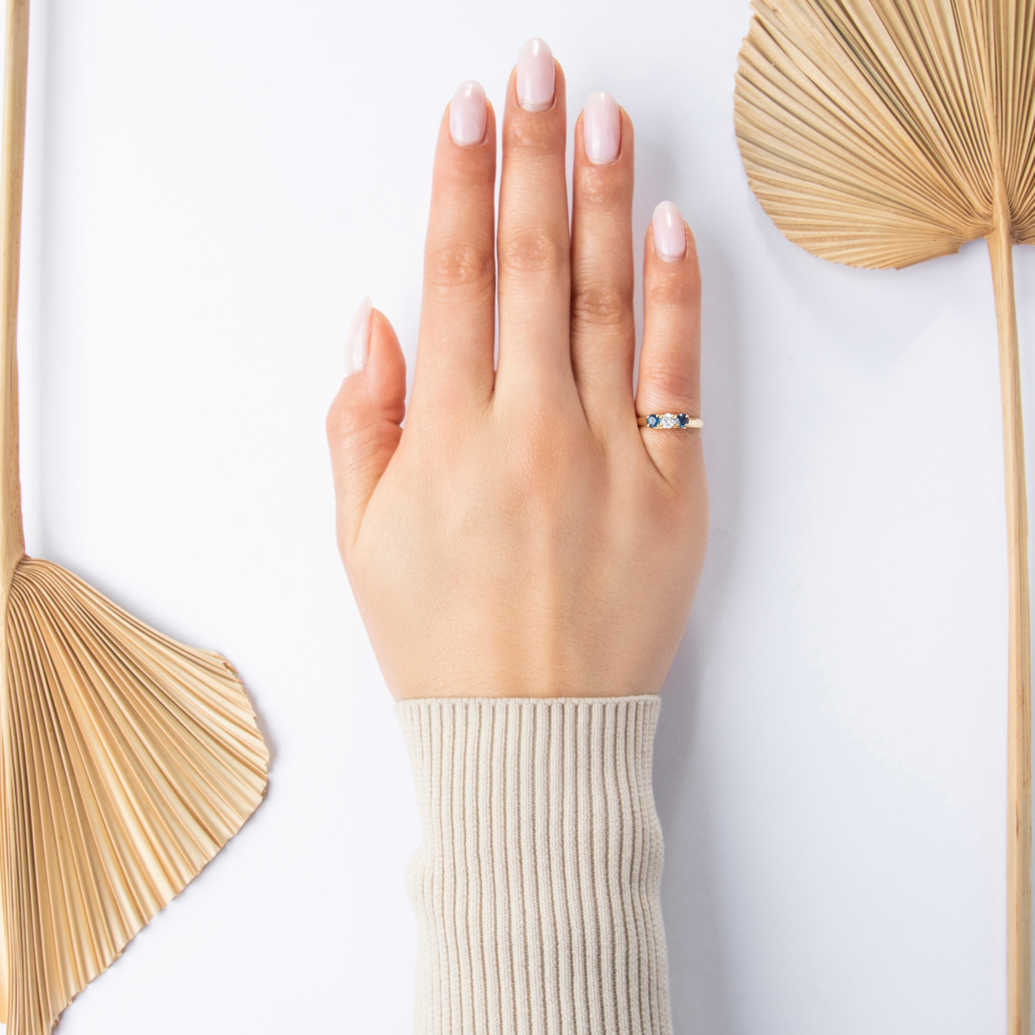 Vintage 14k Yellow Gold Blue Sapphire Diamond Elegant Tall Three-Stone Ring - On model view