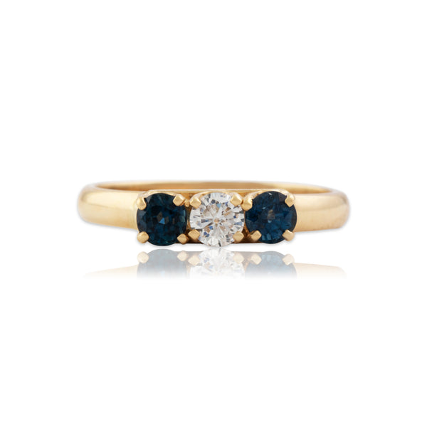Vintage 14k Yellow Gold Blue Sapphire Diamond Elegant Tall Three-Stone Ring 5.25