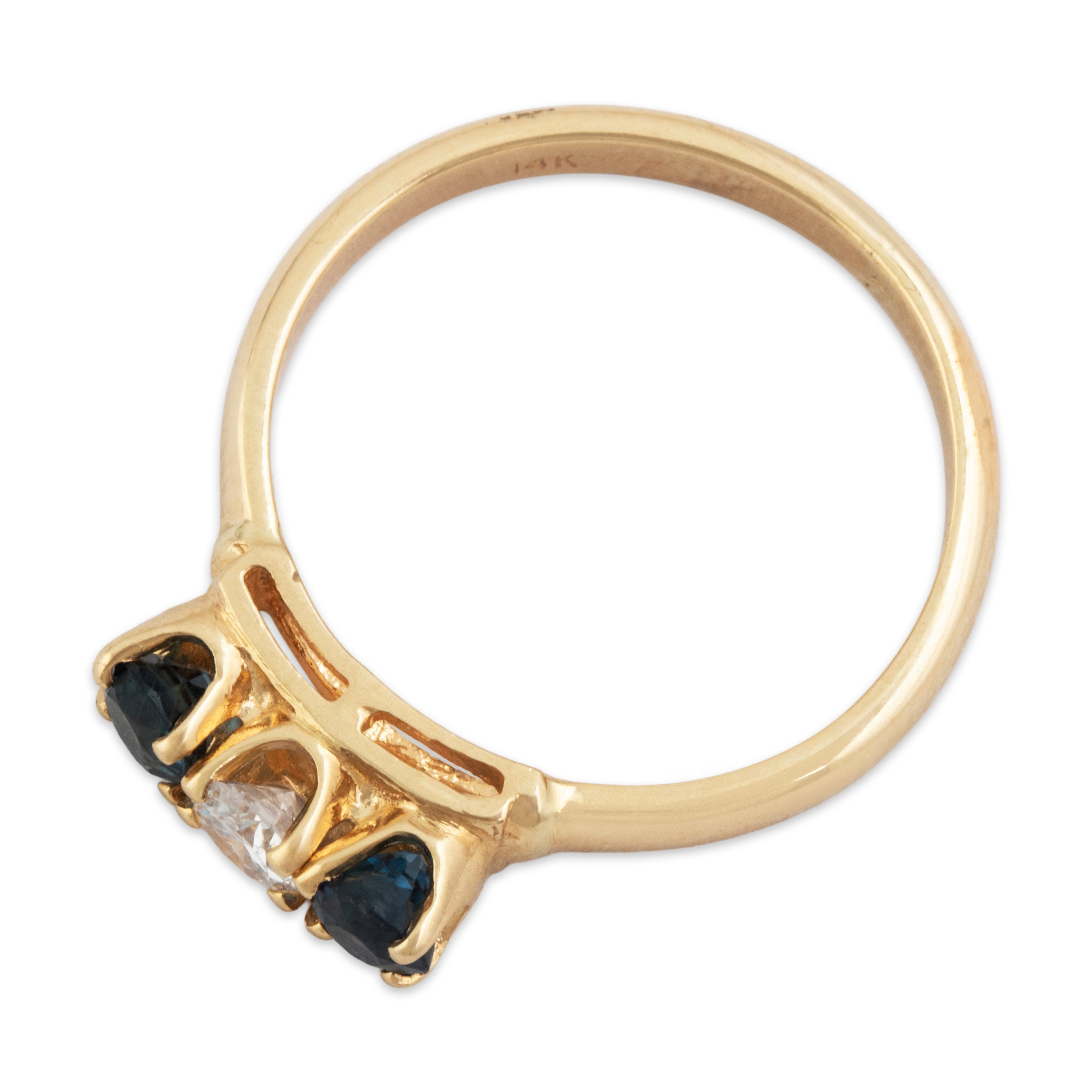 Vintage 14k Yellow Gold Blue Sapphire Diamond Elegant Tall Three-Stone Ring - Overall view