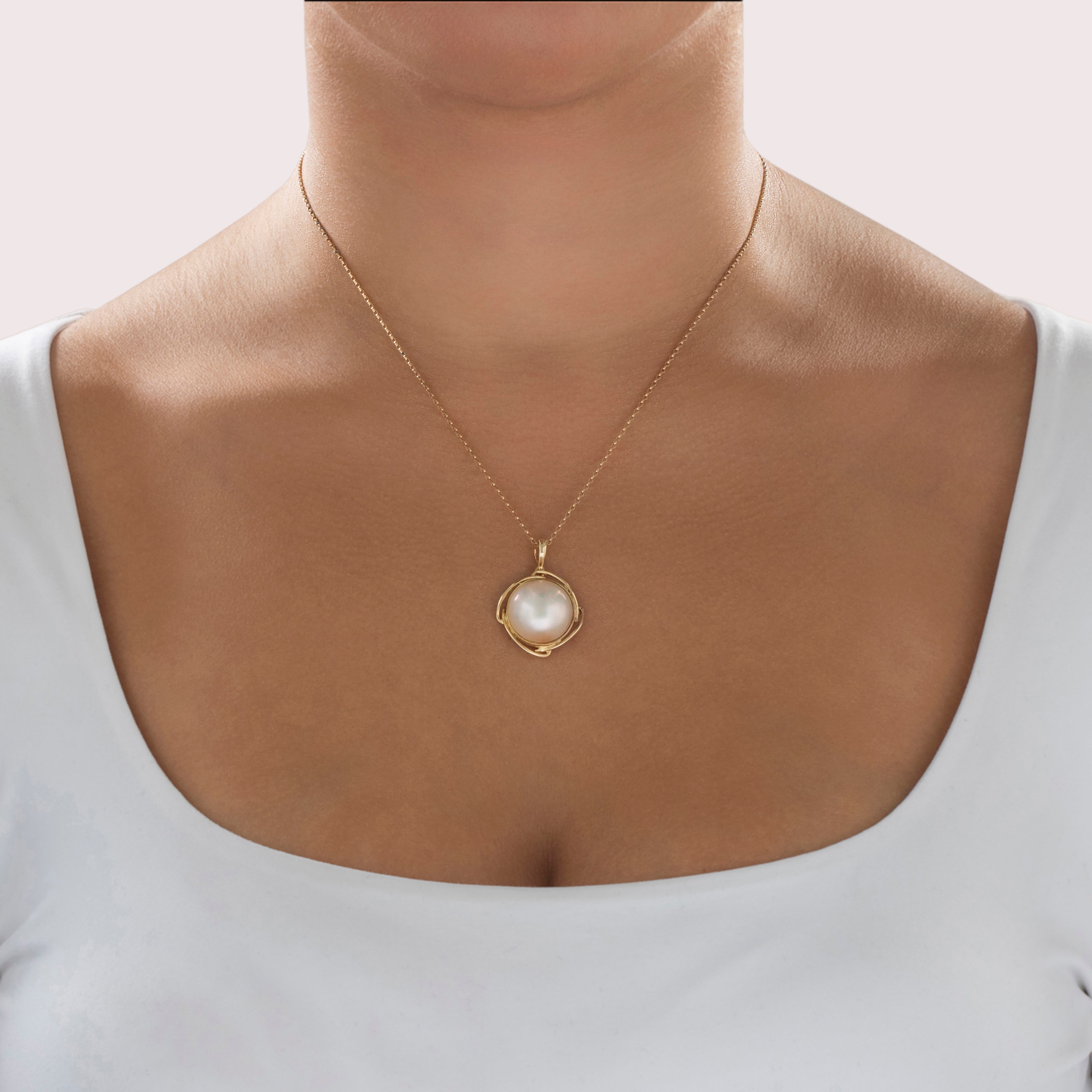 Vintage Large 14k Yellow Gold Mabé Pearl Glowing Sophistication Enhancer Pendant - On model view