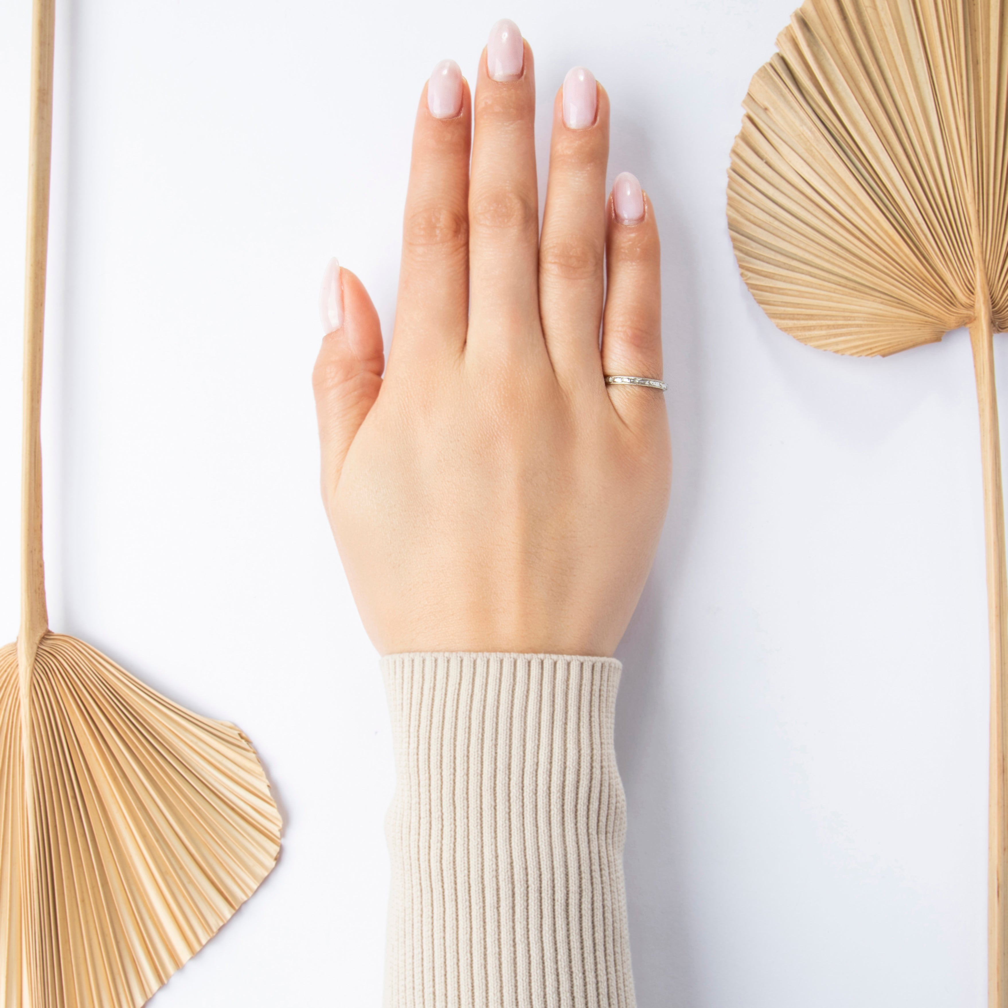 Antique Art Deco Traub 18k White Gold Gleaming Blossom Band Ring - On model view